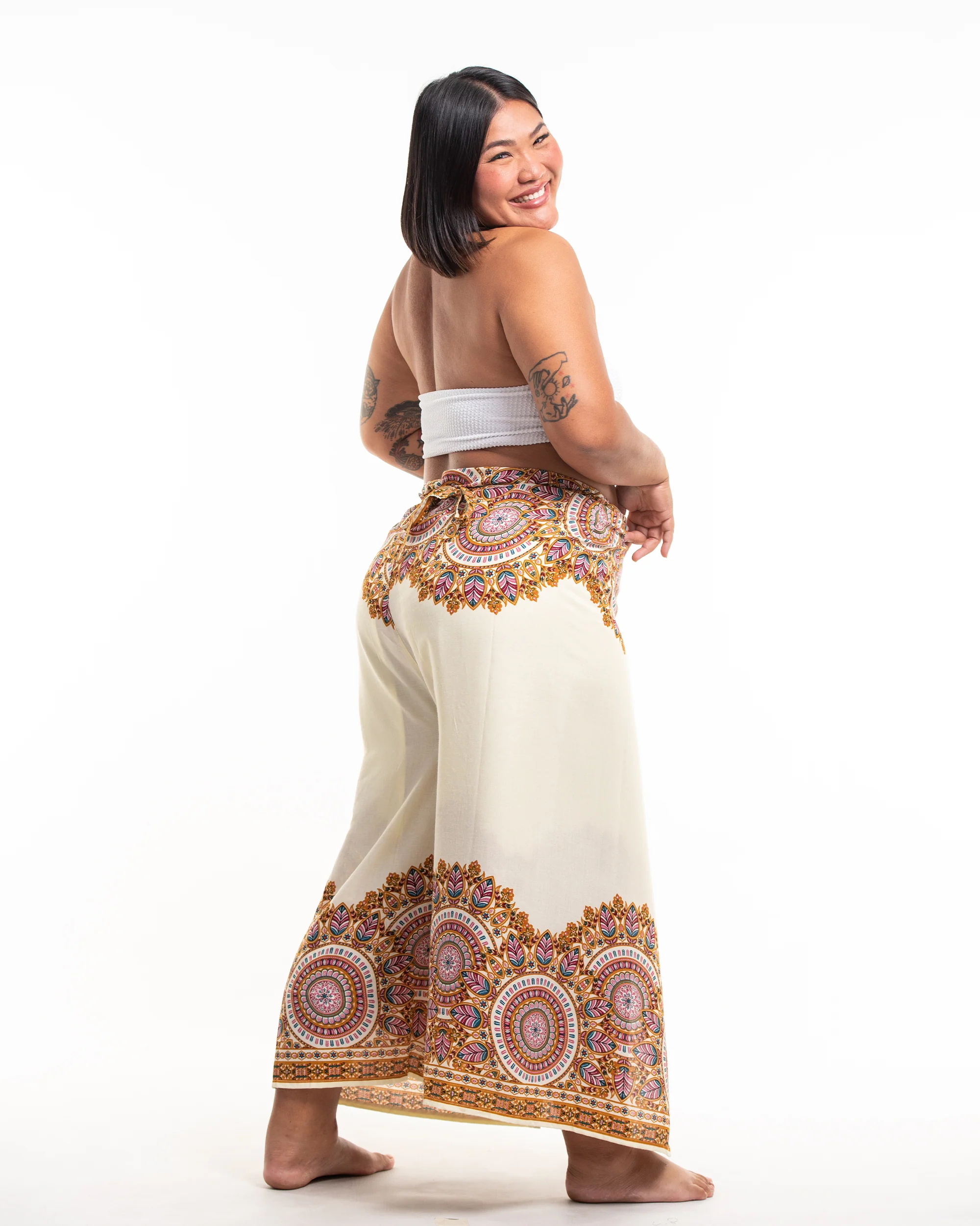 Plus Size Feather Mandalas Wrap Palazzo Style Harem Pants in Cream - Image 3