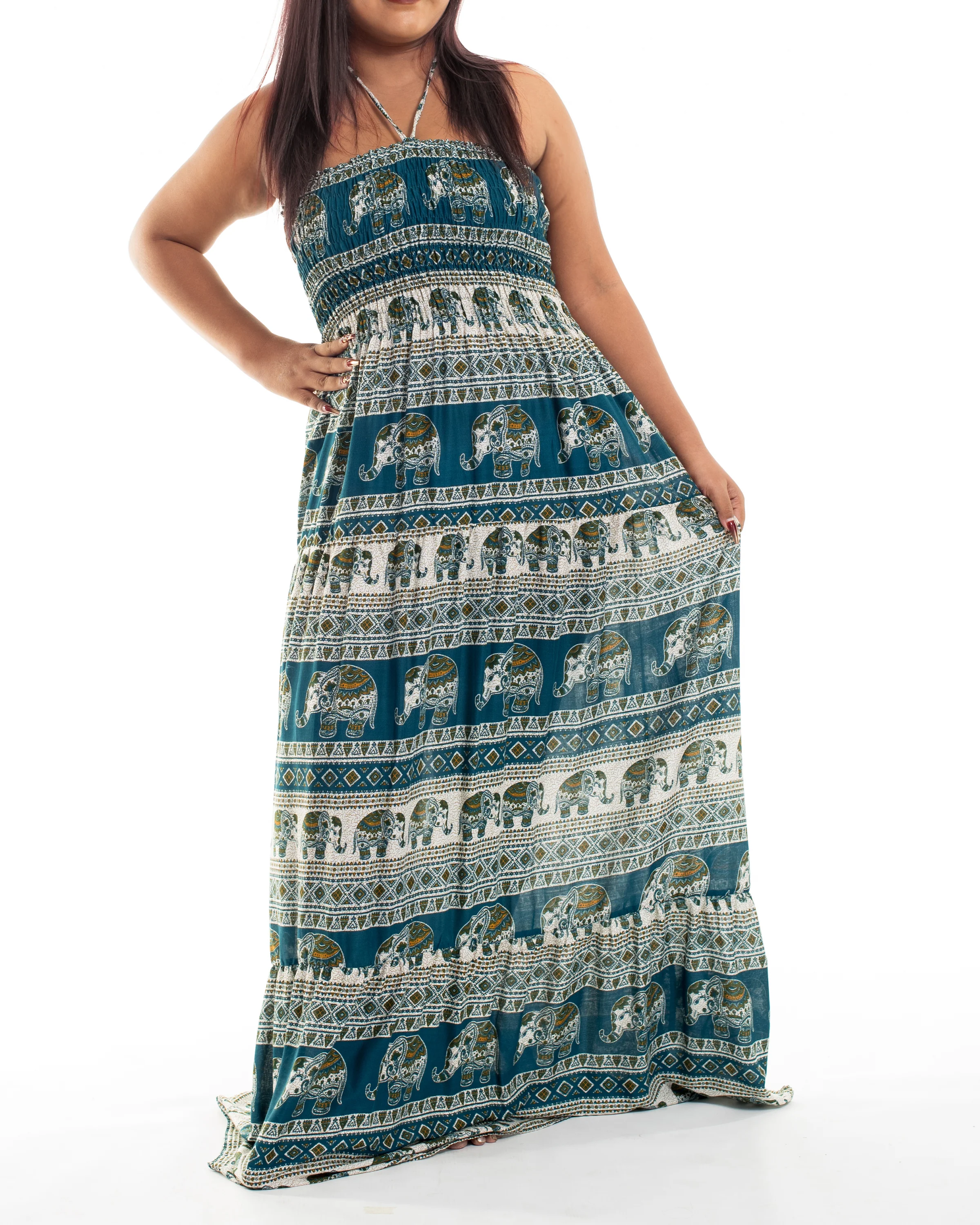 Plus Size Festive Elephants Smocked Maxi Dress in Teal - Image 2