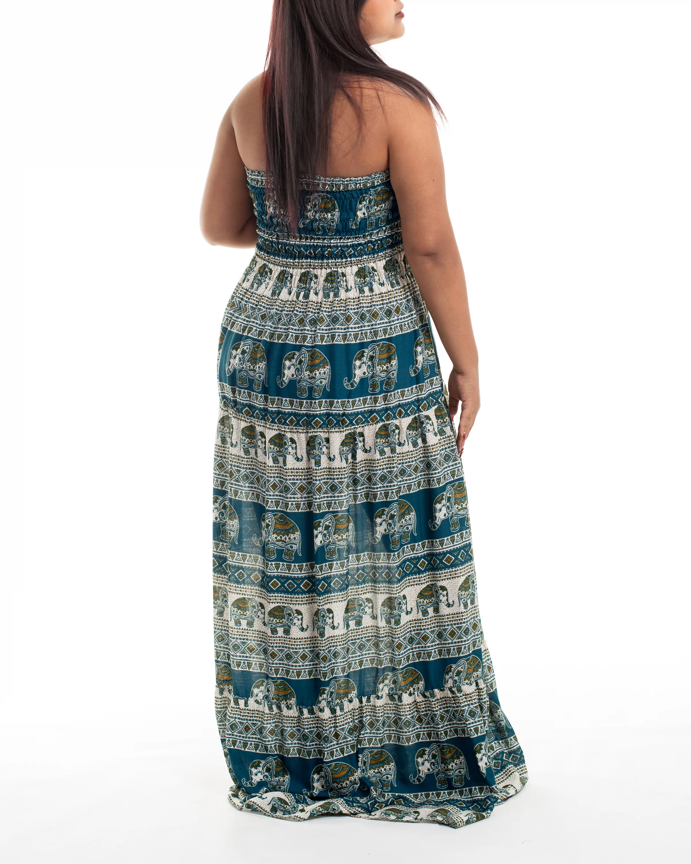 Plus Size Festive Elephants Smocked Maxi Dress in Teal - Image 3