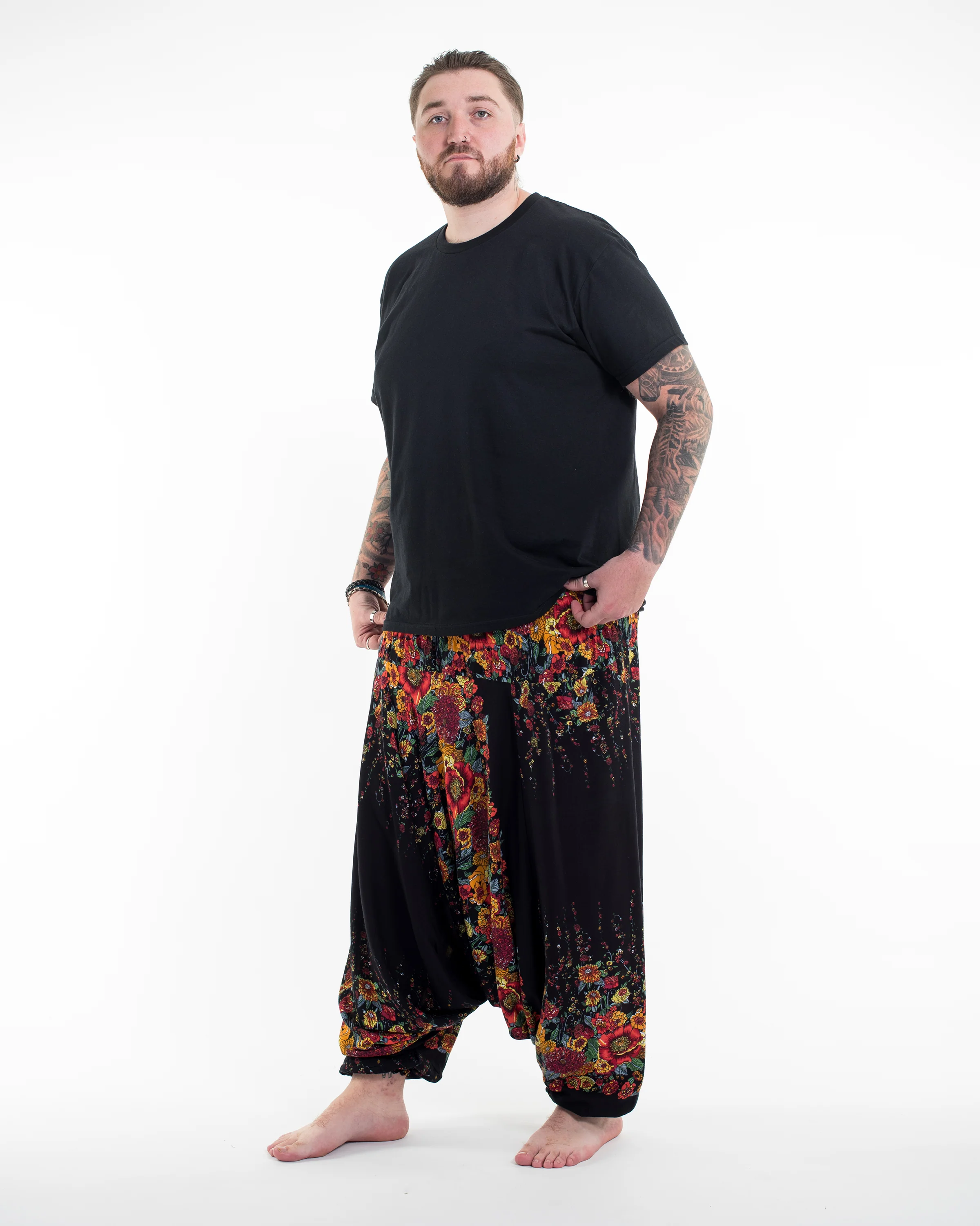 Plus Size Floral Drop Crotch Men's Harem Pants in Black - Image 3