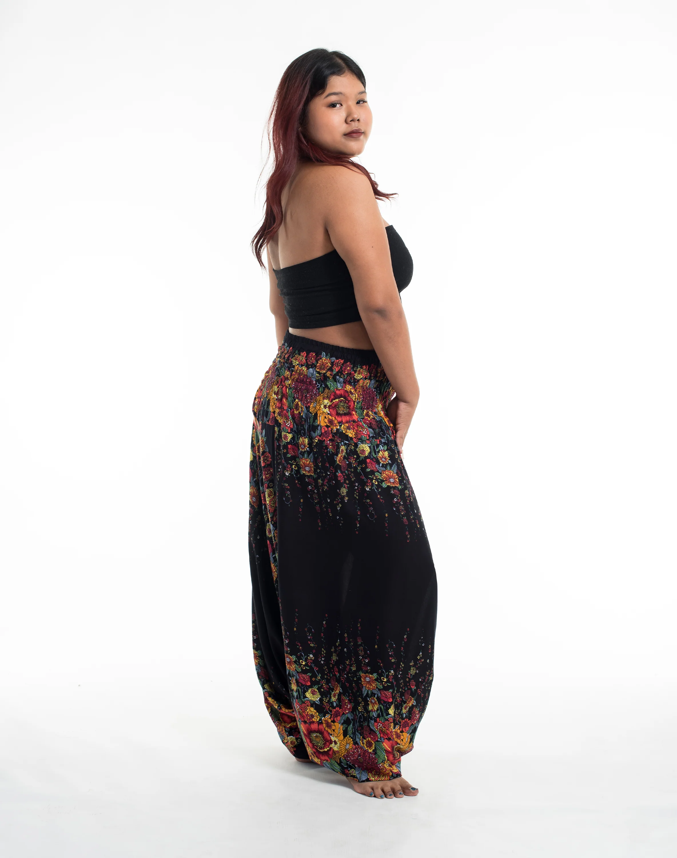 Plus Size Floral 2-in-1 Jumpsuit Harem Pants in Black - Image 3