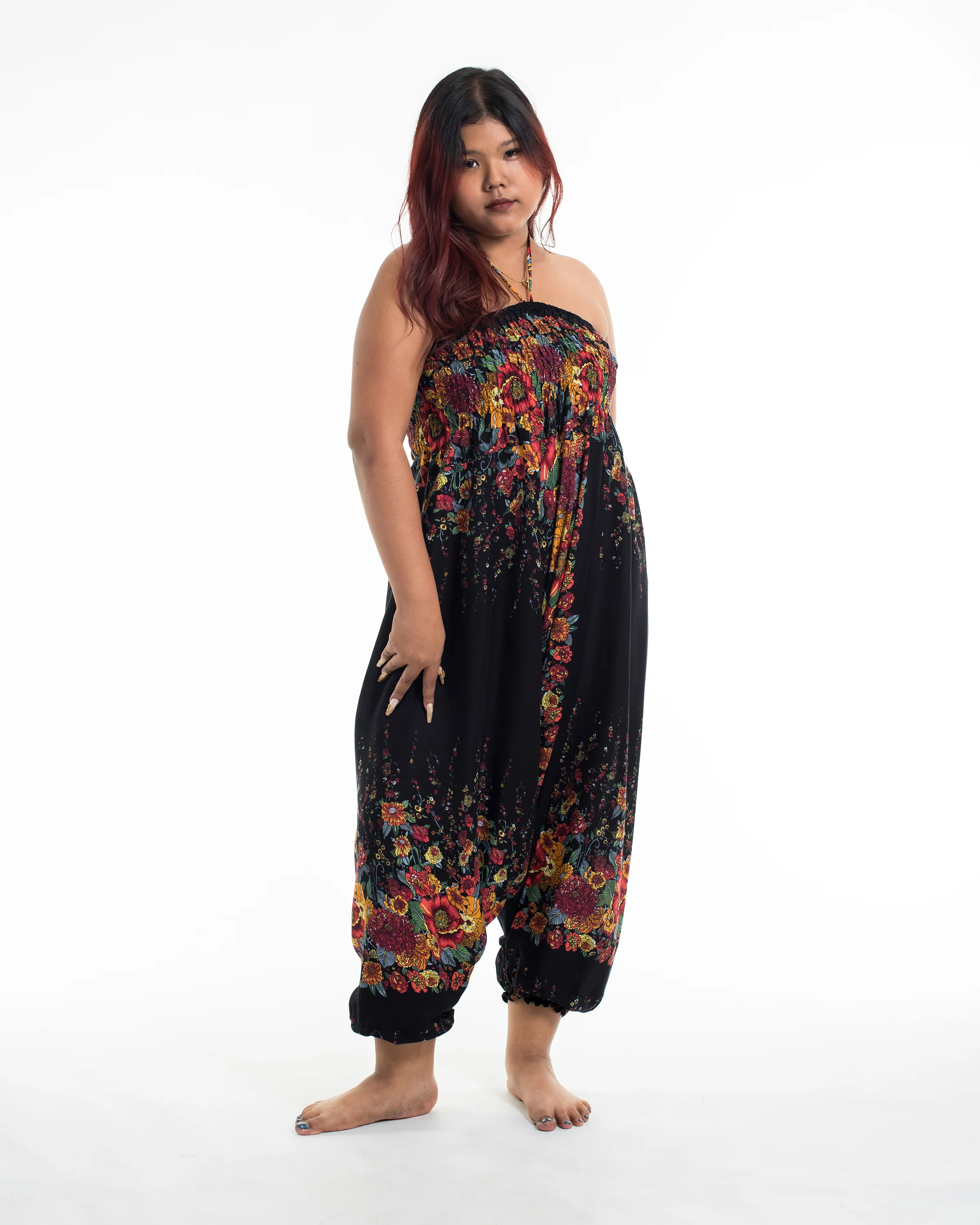 Plus Size Floral 2-in-1 Jumpsuit Harem Pants in Black - Image 5