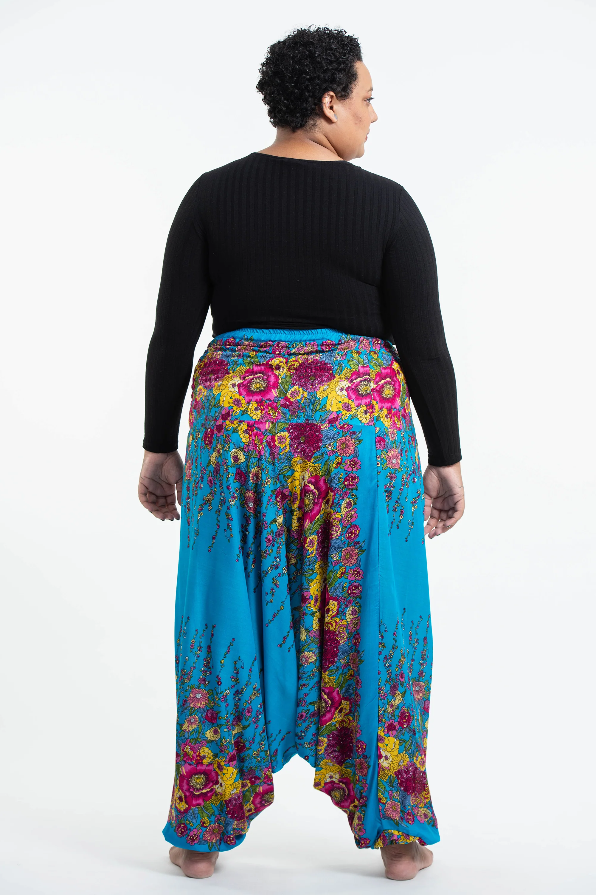 Plus Size Floral 2-in-1 Jumpsuit Harem Pants in Ocean Blue - Image 4