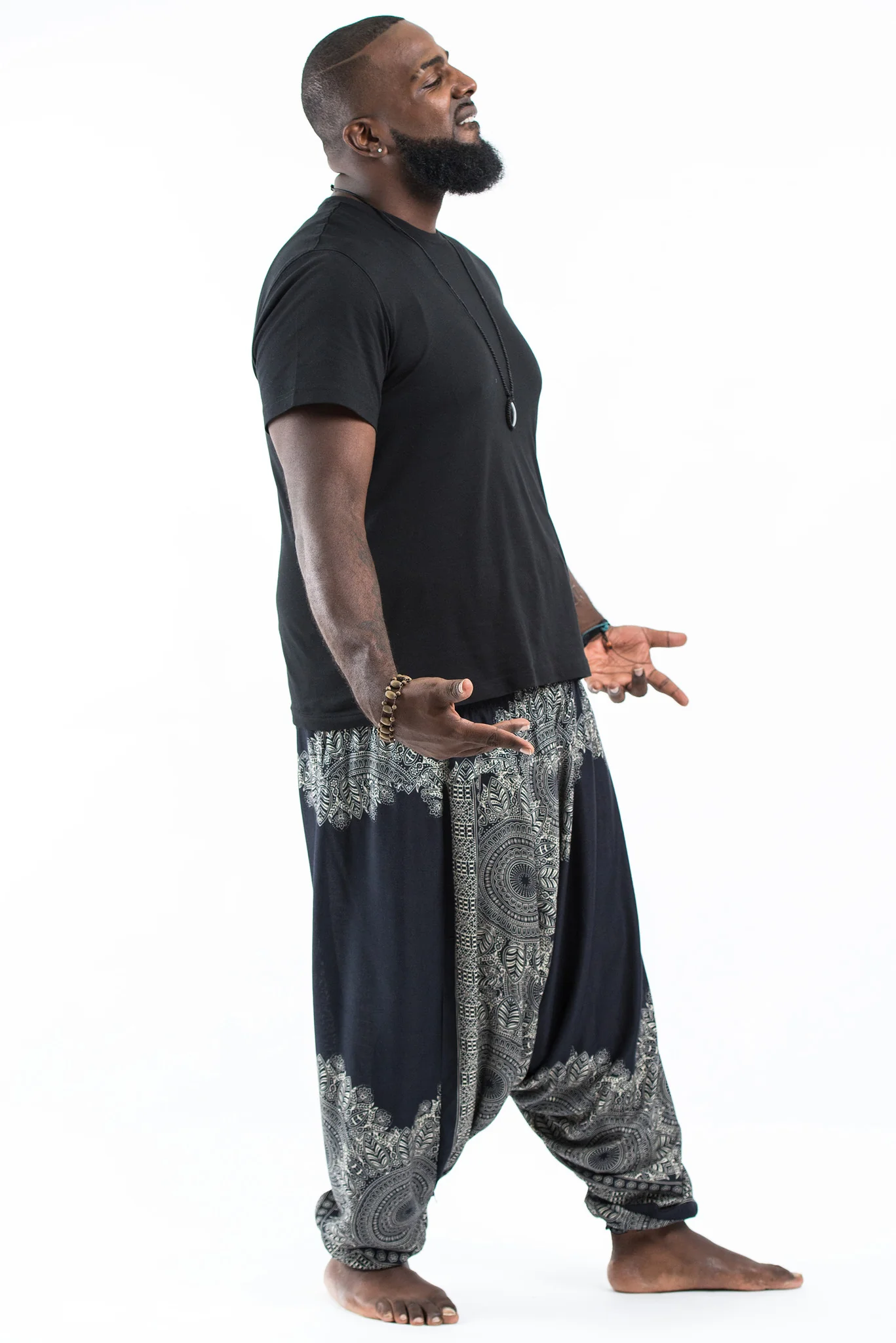 Plus Size Floral Mandalas Drop Crotch Men's Harem Pants in Black - Image 3