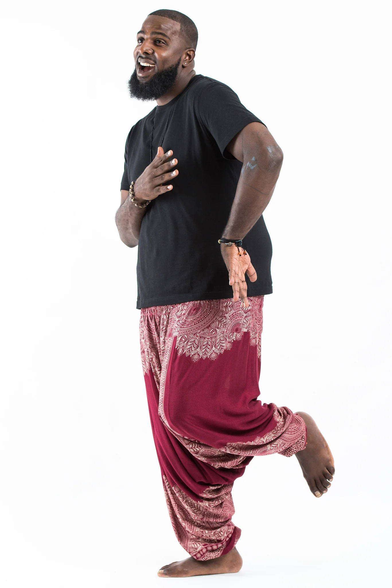 Plus Size Floral Mandalas Drop Crotch Men's Harem Pants in Red - Image 3