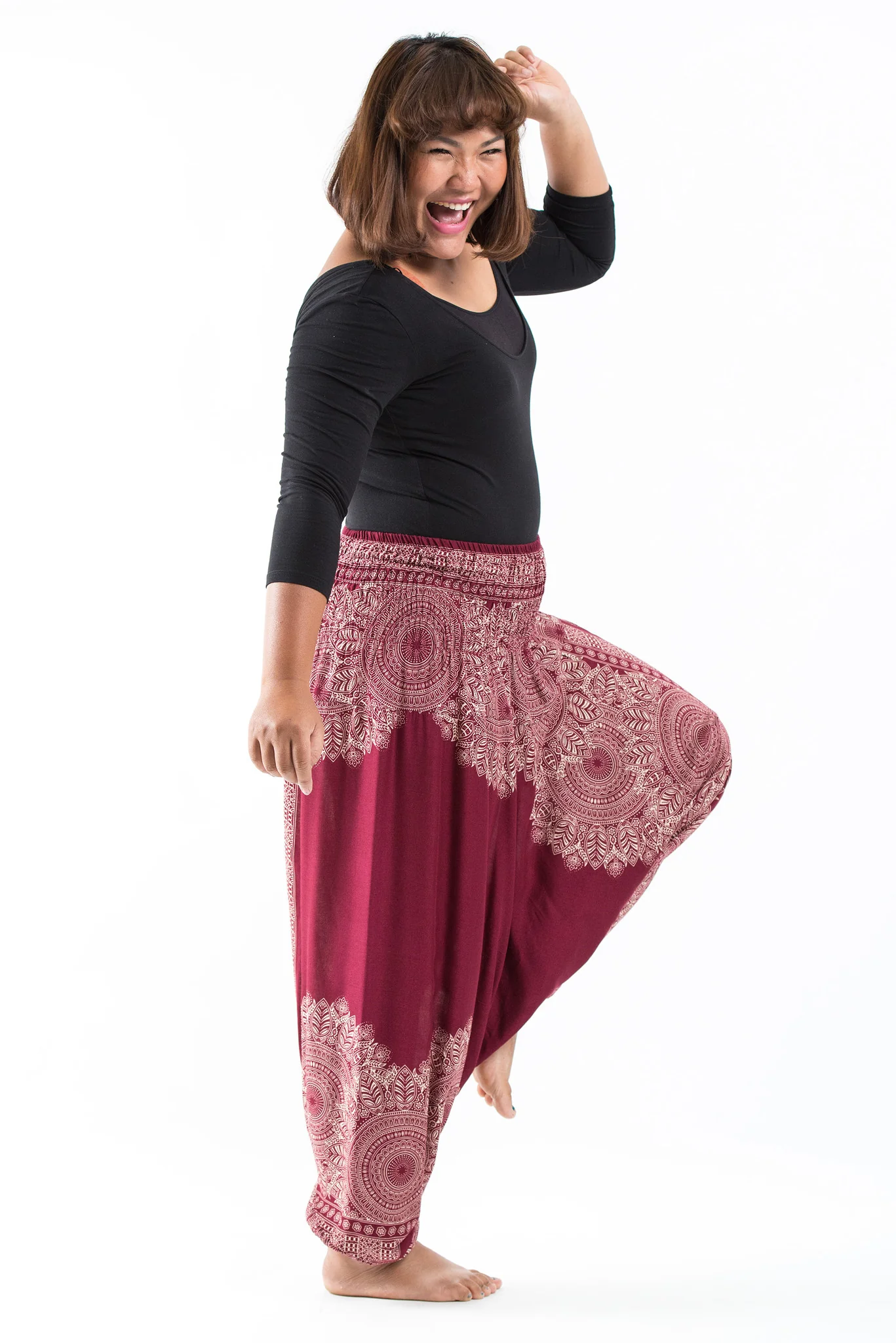 Plus Size Floral Mandalas 2-in-1 Jumpsuit Harem Pants in Red - Image 3