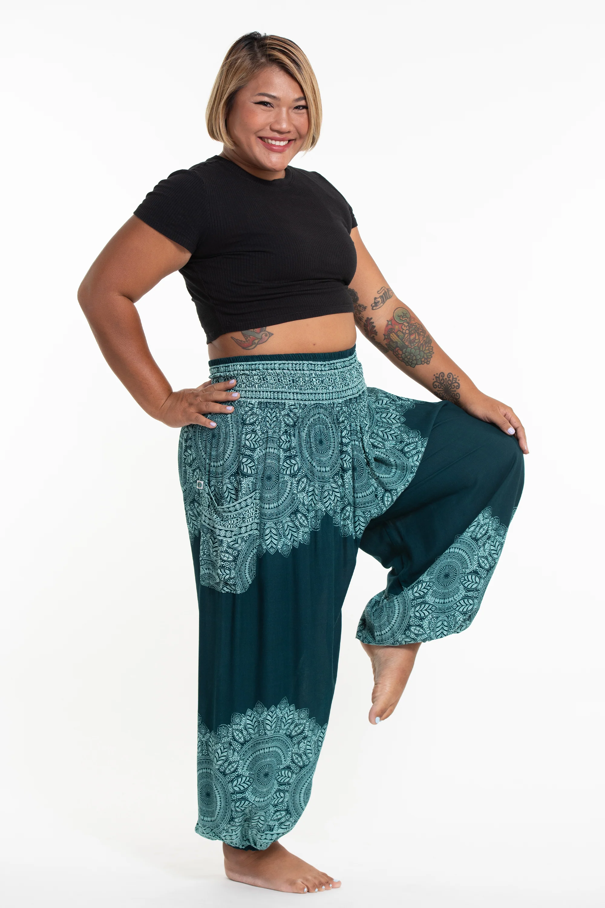 Plus Size Floral Mandalas Women's Harem Pants in Teal - Image 3