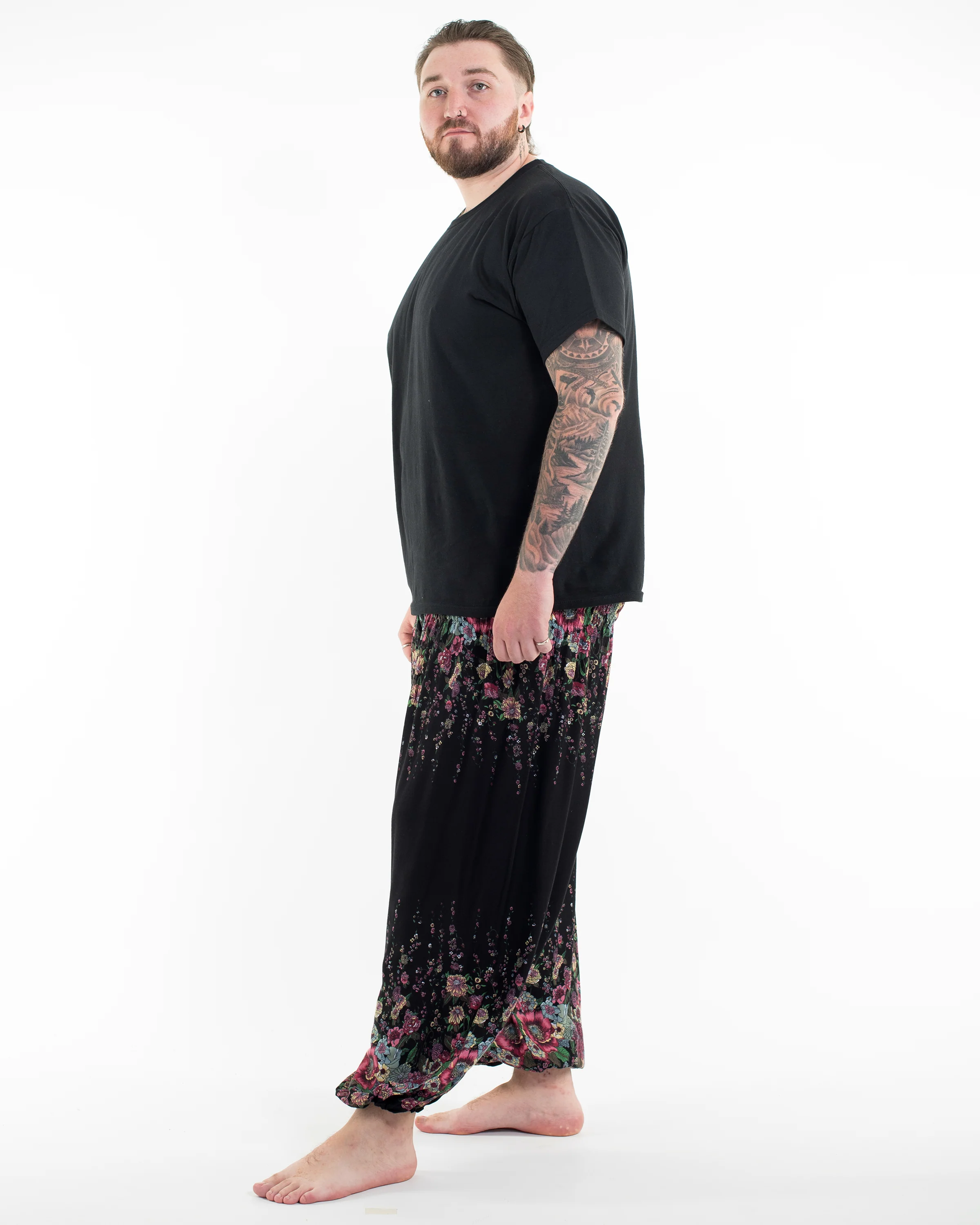 Plus Size Floral Men's Harem Pants in Black - Image 3