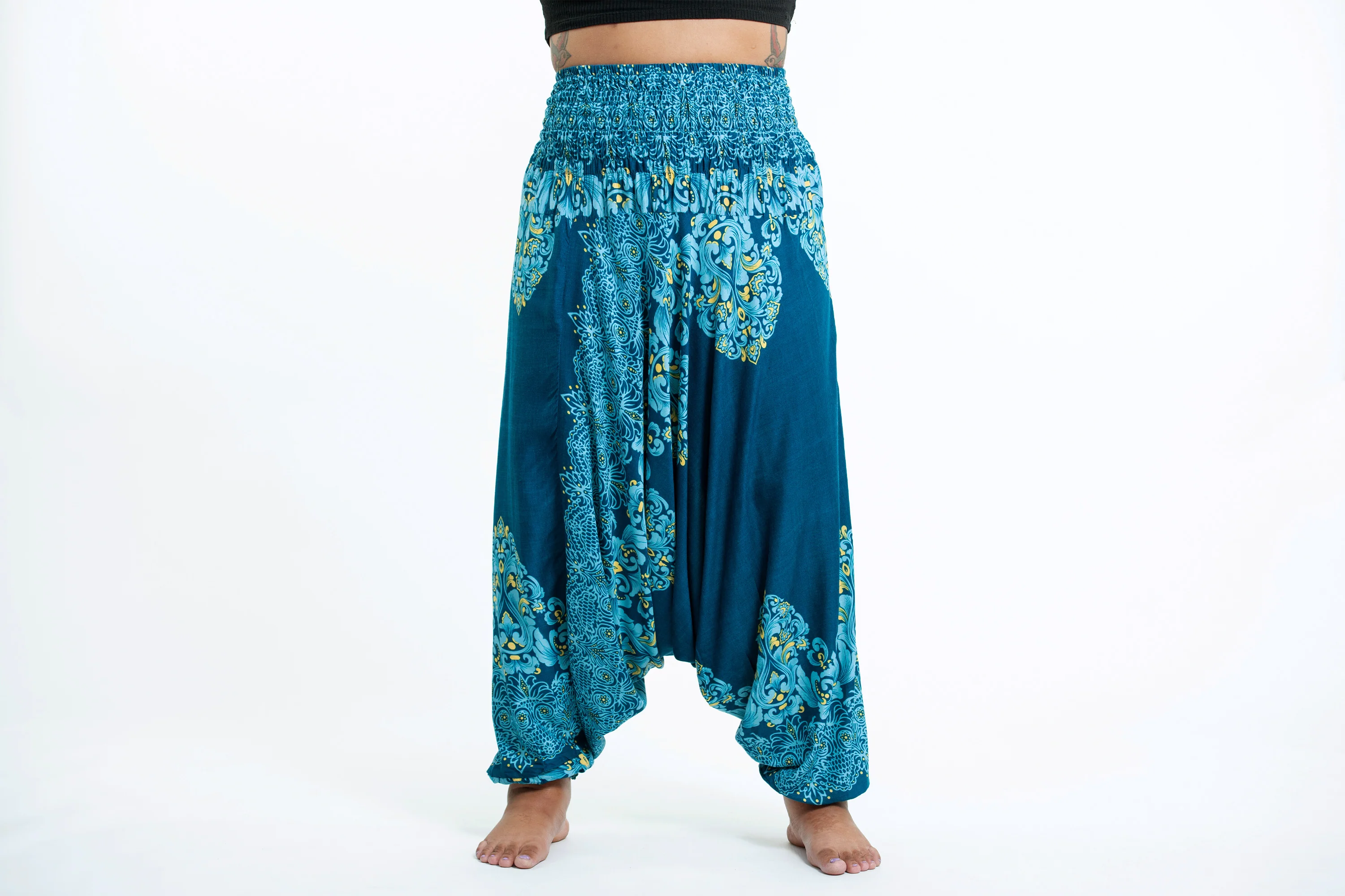 Plus Size Floral Vines 2-in-1 Jumpsuit Harem Pants in Turquoise - Image 2