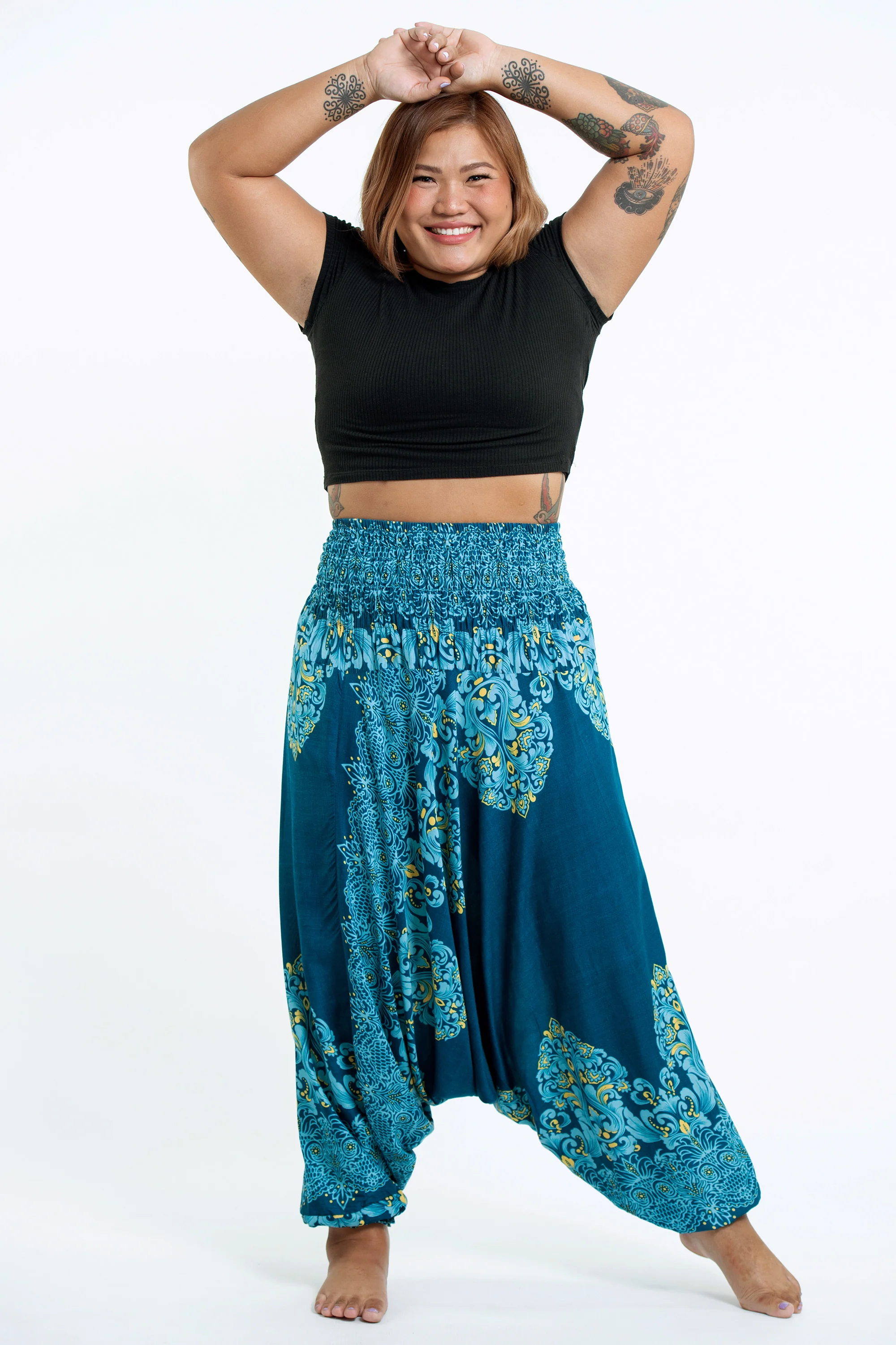 Plus Size Floral Vines 2-in-1 Jumpsuit Harem Pants in Turquoise - Image 3