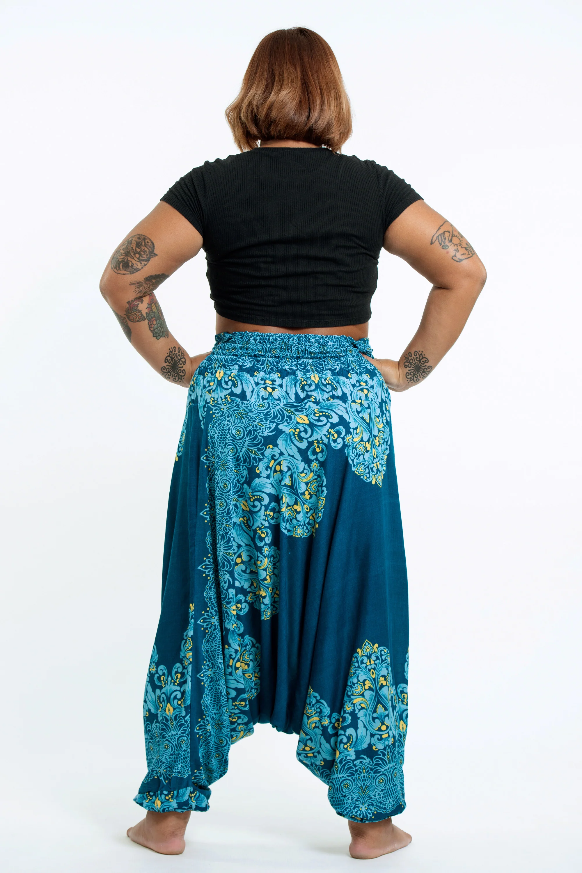 Plus Size Floral Vines 2-in-1 Jumpsuit Harem Pants in Turquoise - Image 4