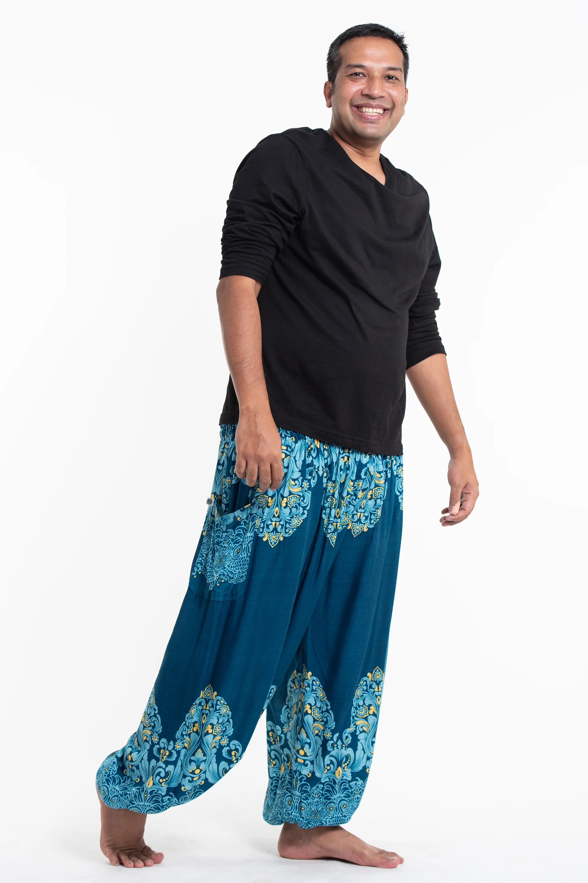 Plus Size Floral Vines Men's Harem Pants in Turquoise - Image 3