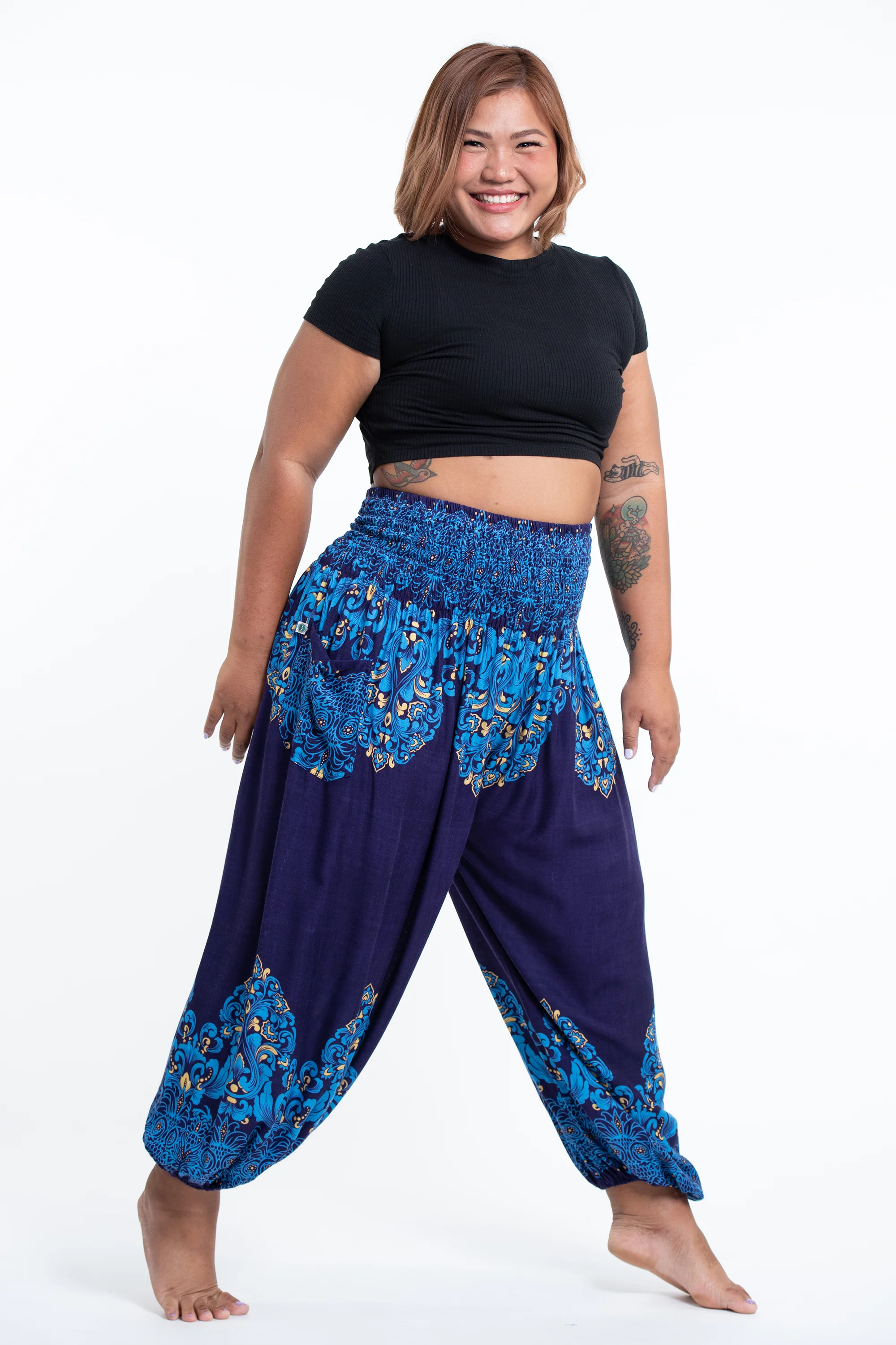 Plus Size Floral Vines Women's Harem Pants in Blue - Image 3
