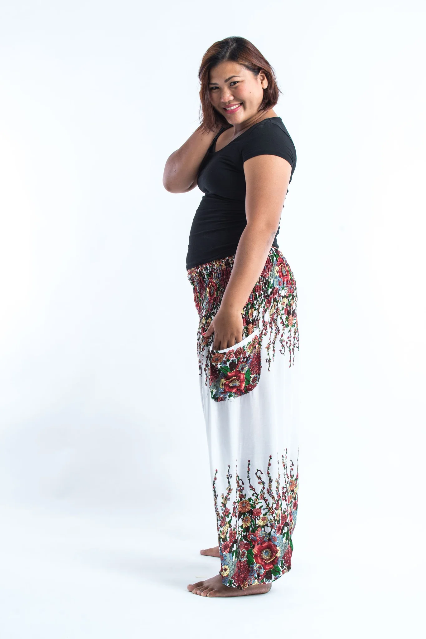 Plus Size Floral Women's Harem Pants in White - Image 3