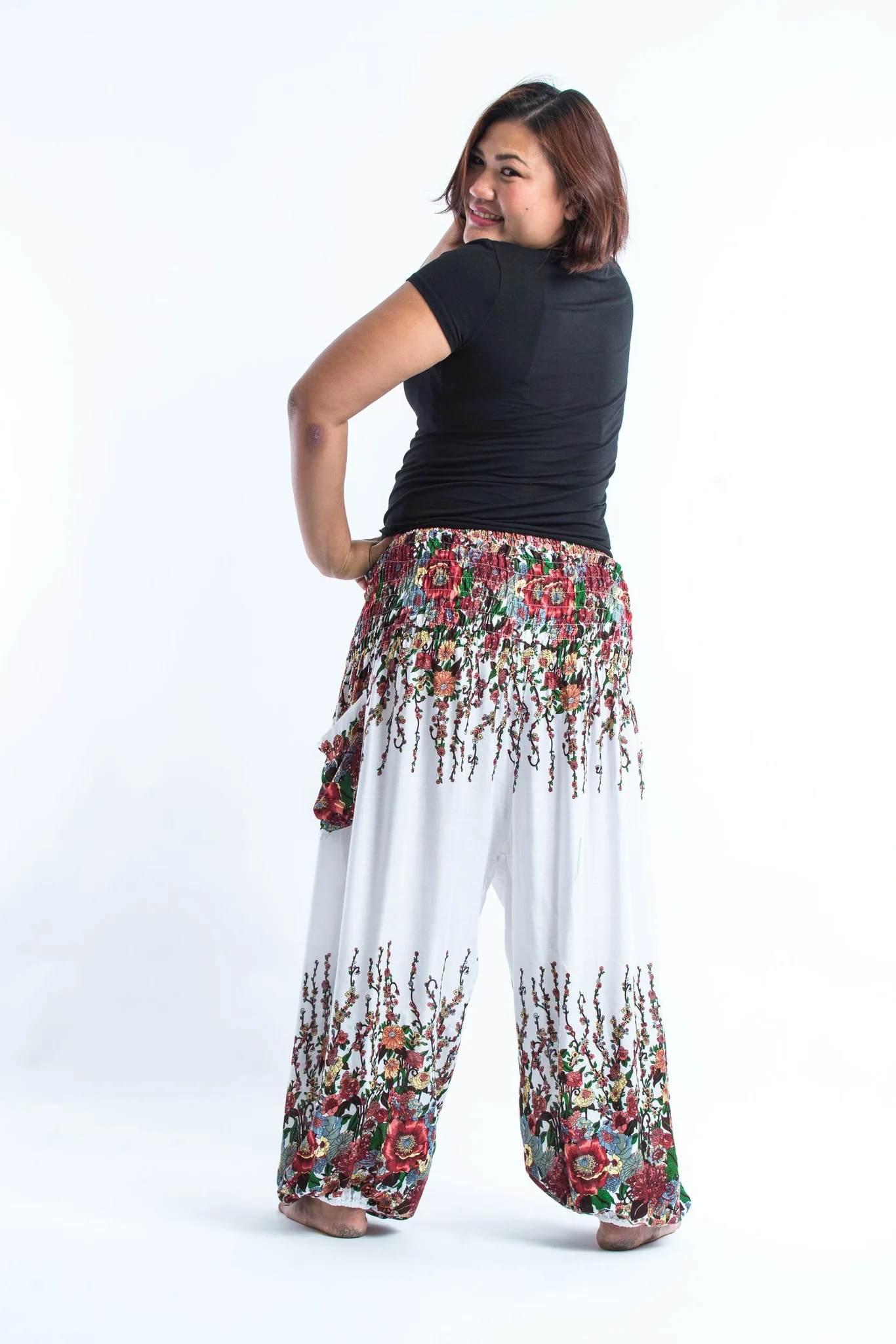 Plus Size Floral Women's Harem Pants in White - Image 4