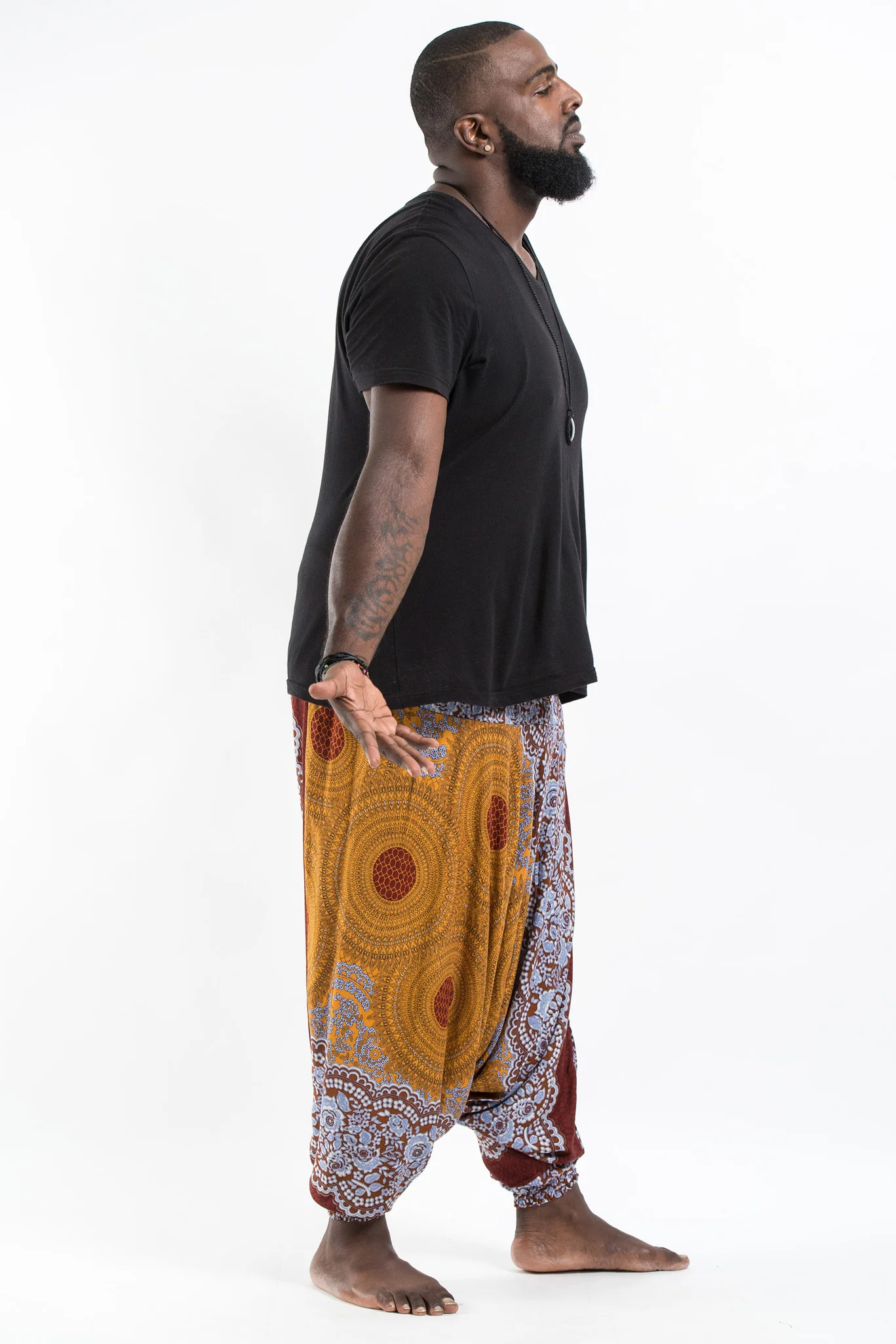 Plus Size Geometric Mandalas Drop Crotch Men's Harem Pants in Bronze - Image 3