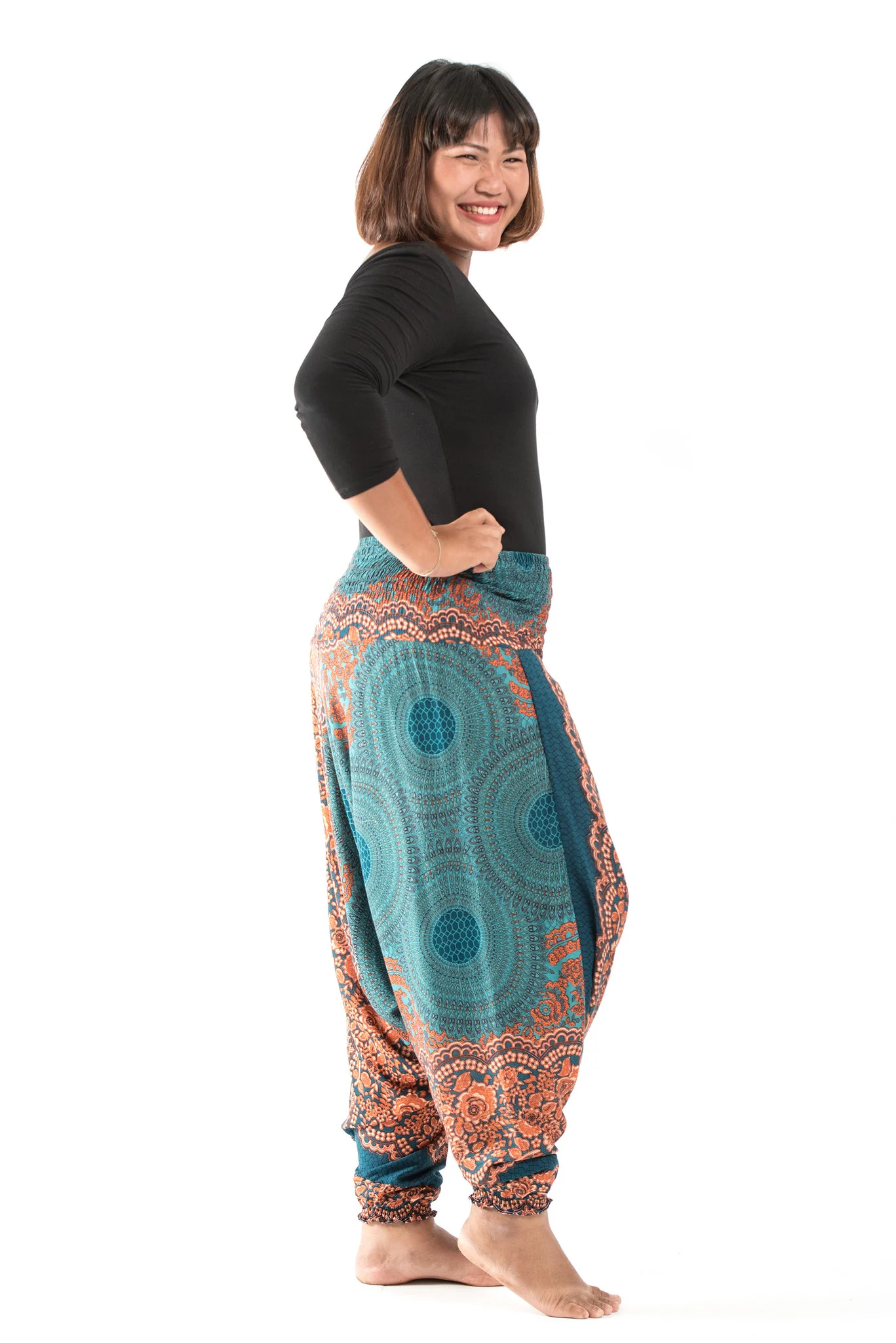 Plus Size Geometric Mandalas 2-in-1 Jumpsuit Harem Pants in Turquoise - Image 3