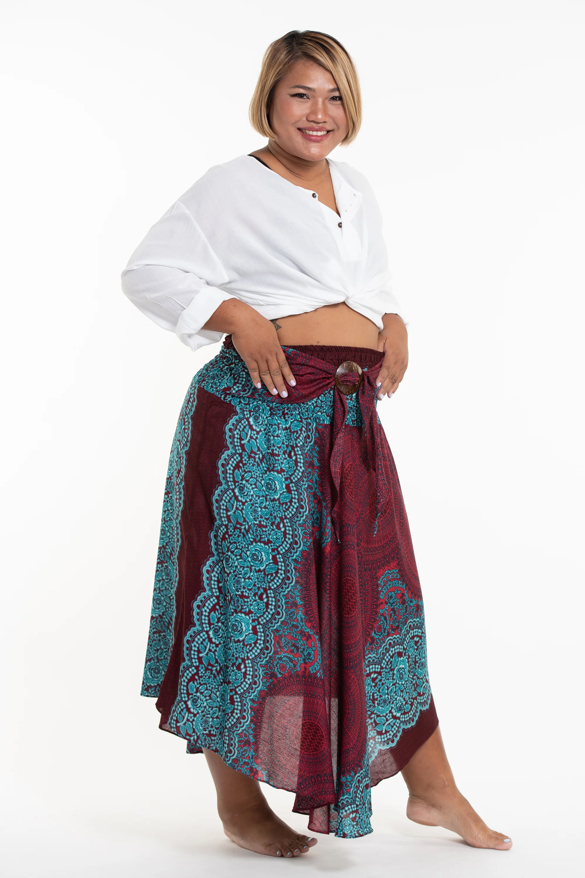 Plus Size Geometric Mandalas Handkerchief Midi Skirt in Red - Image 3