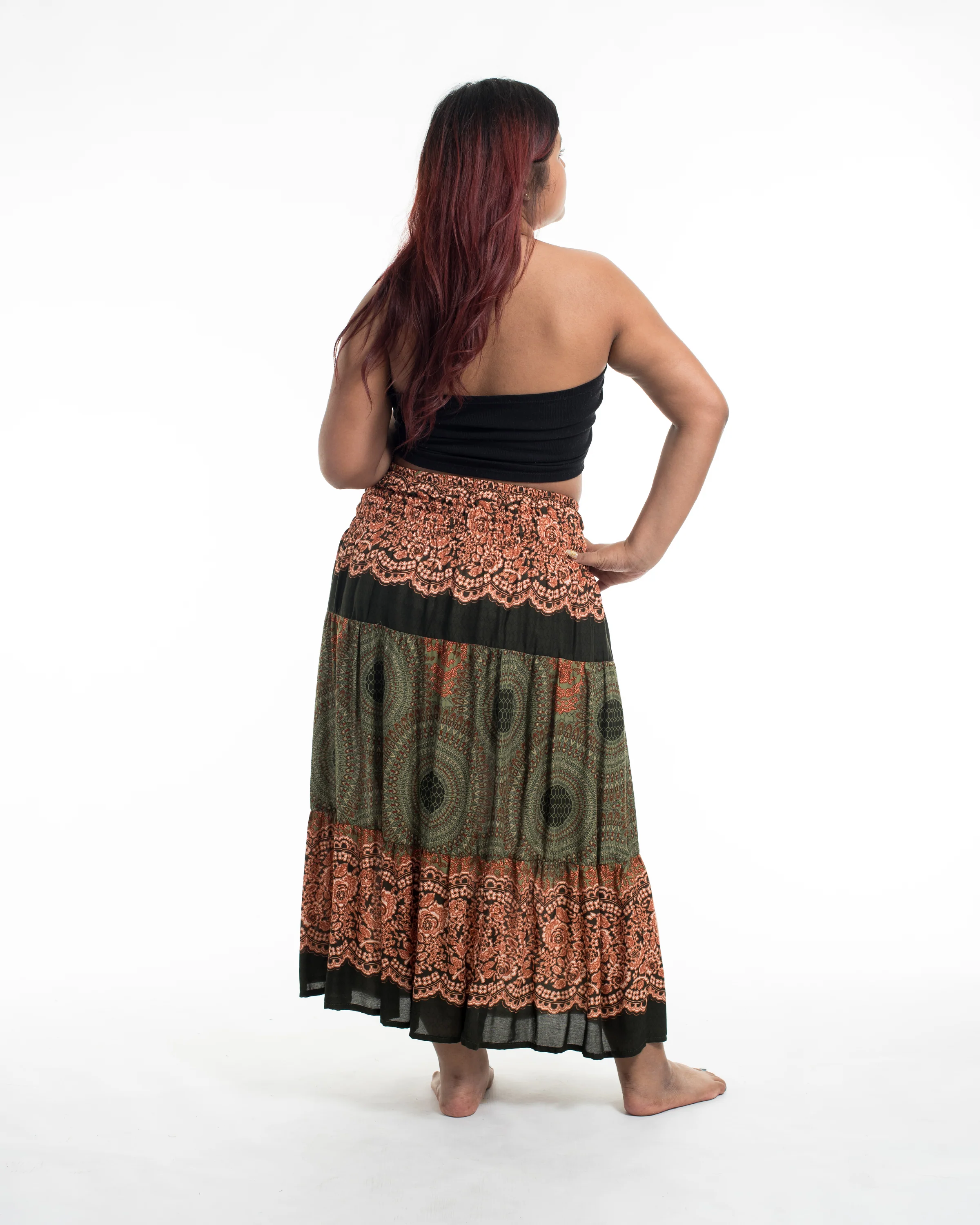 Plus Size Geometric Mandalas Midi Skirt in Olive - Image 3
