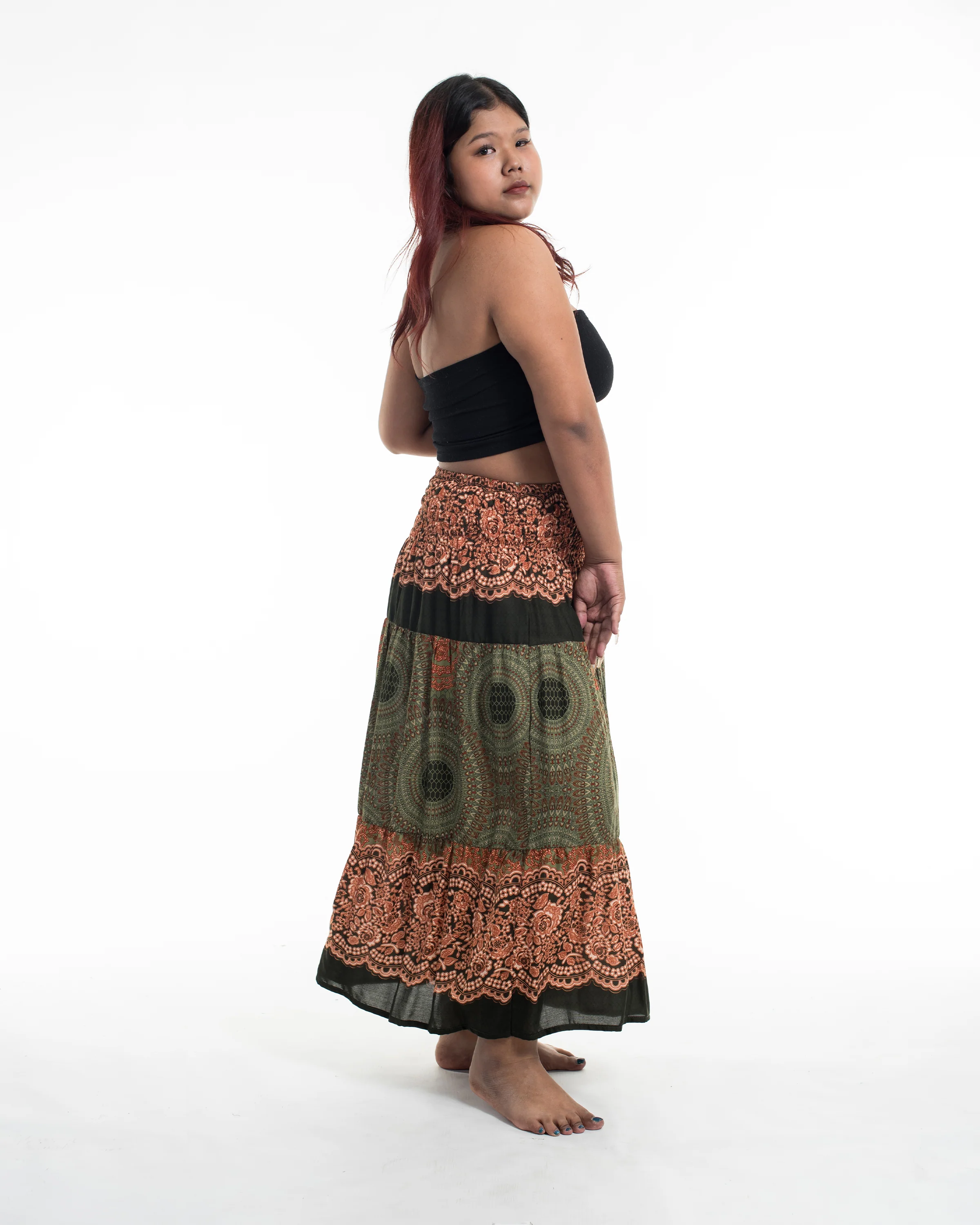 Plus Size Geometric Mandalas Midi Skirt in Olive - Image 4
