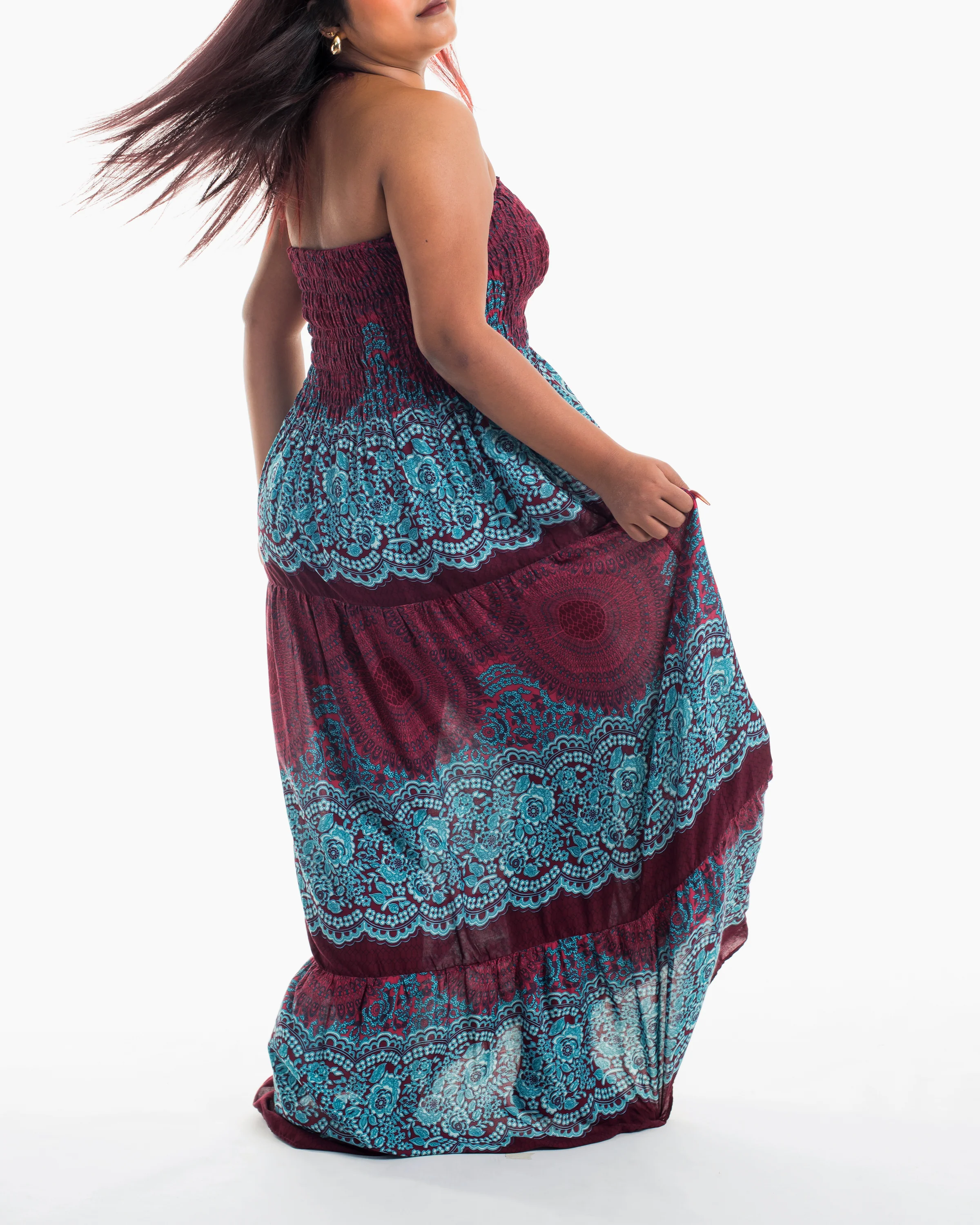 Plus Size Geometric Mandalas Smocked Maxi Dress in Red - Image 3