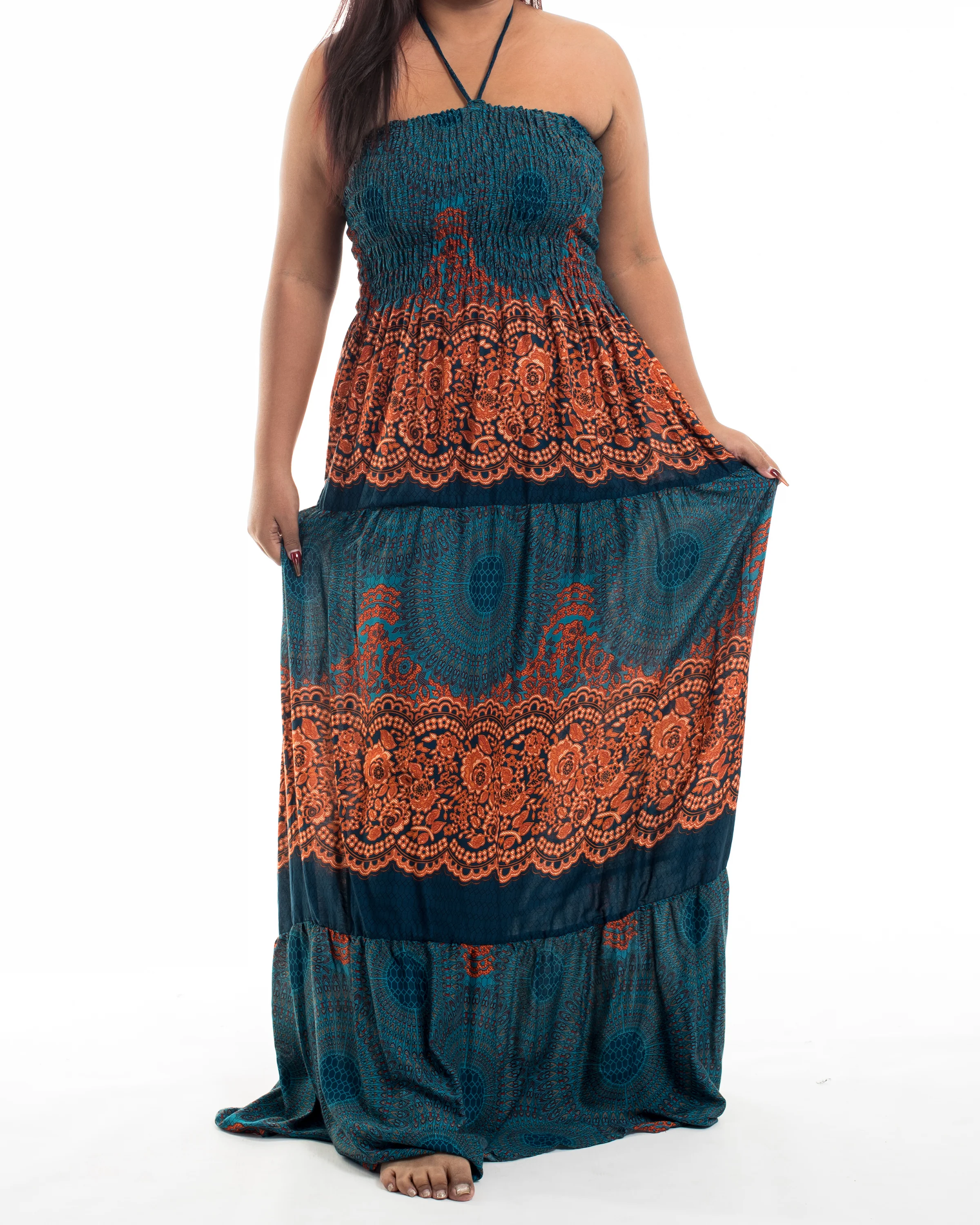 Plus Size Geometric Mandalas Smocked Maxi Dress in Turquoise - Image 2