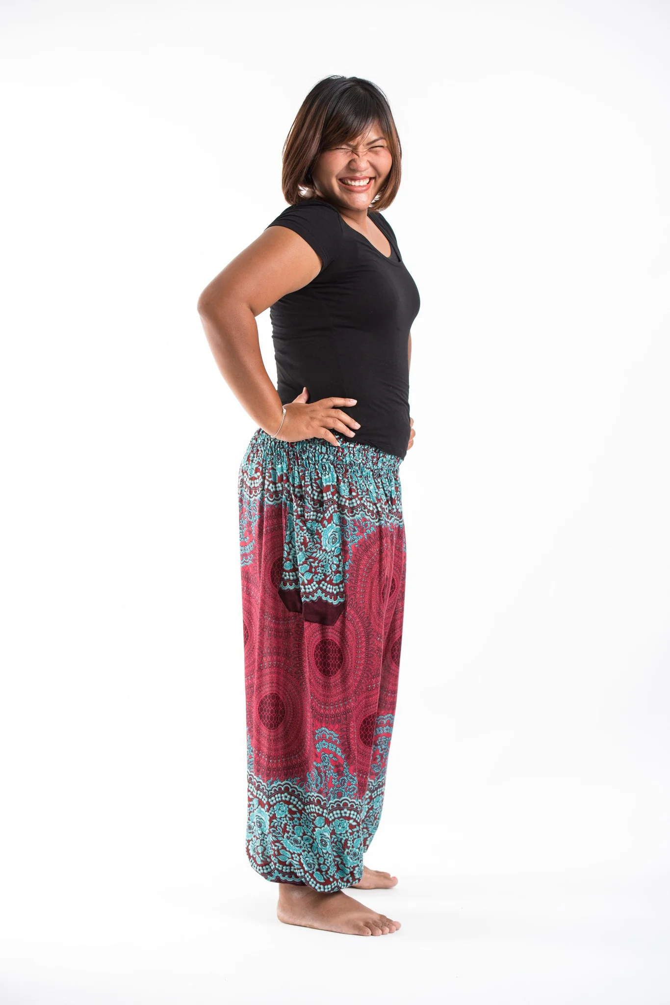 Plus Size Geometric Mandalas Women's Harem Pants in Red - Image 4