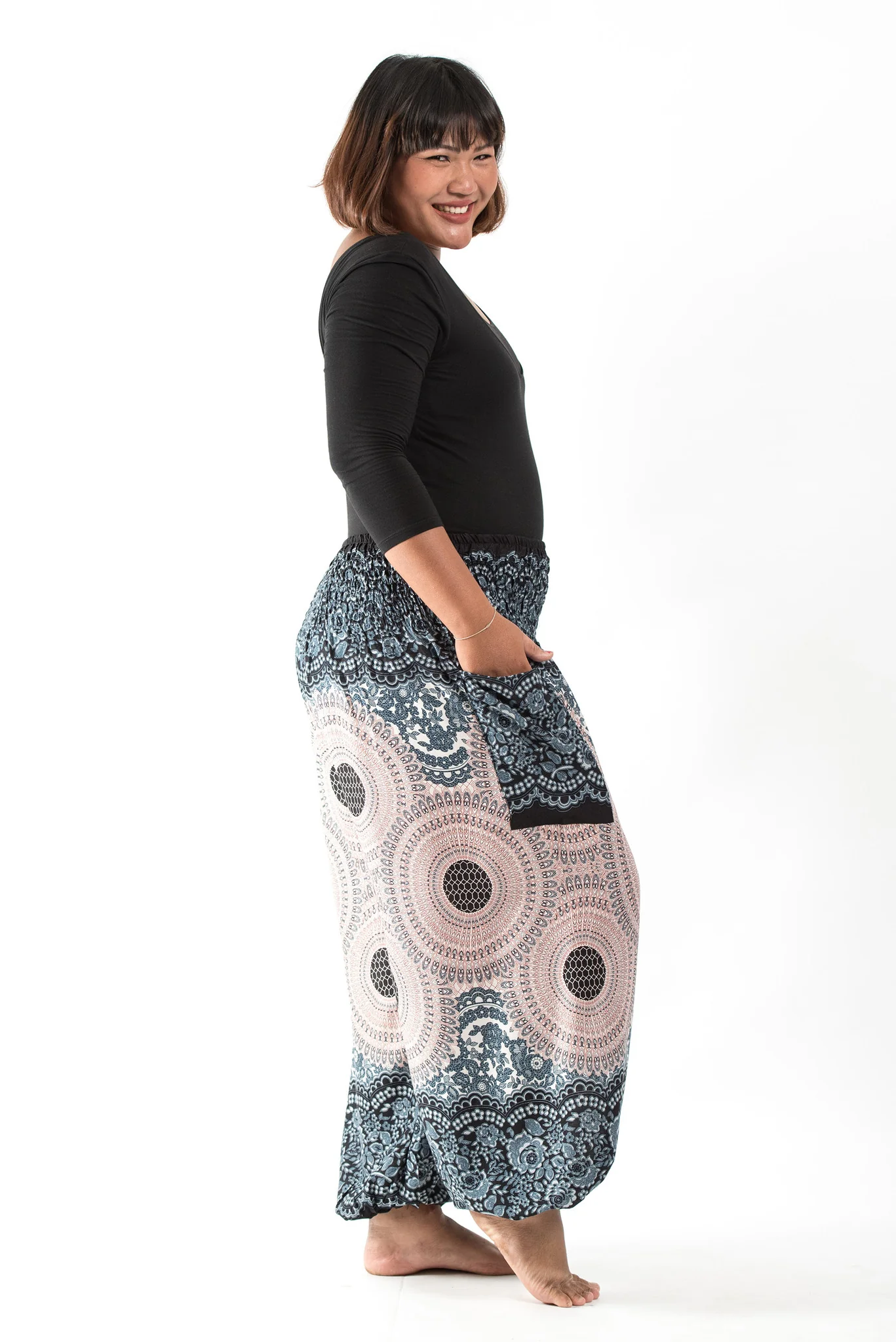 Plus Size Geometric Mandalas Women's Harem Pants in Silver Gray - Image 3