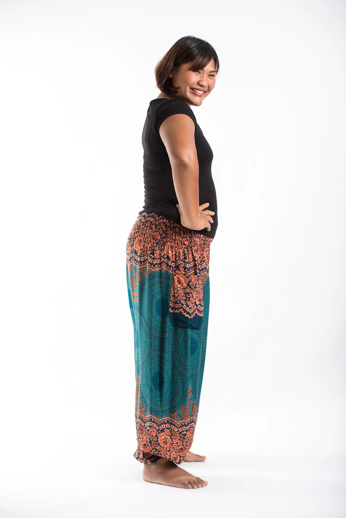 Plus Size Geometric Mandalas Women's Harem Pants in Turquoise - Image 3