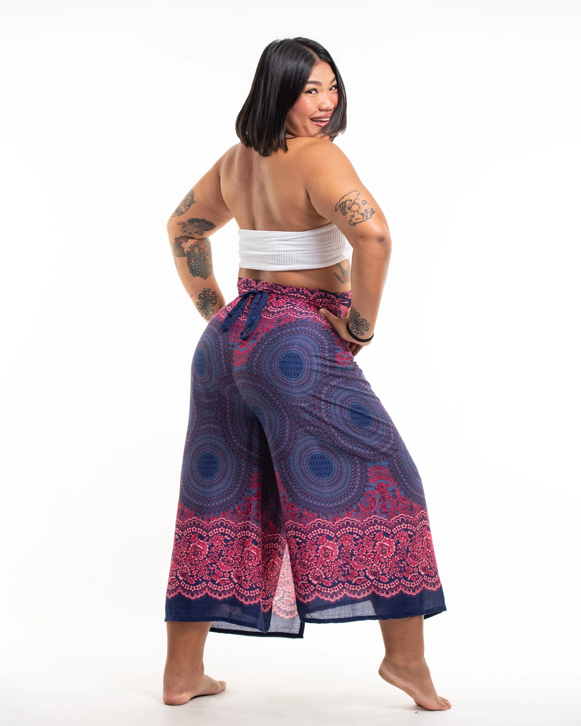 Plus Size Geometric Mandalas Wrap Palazzo Style Harem Pants in Blue - Image 3