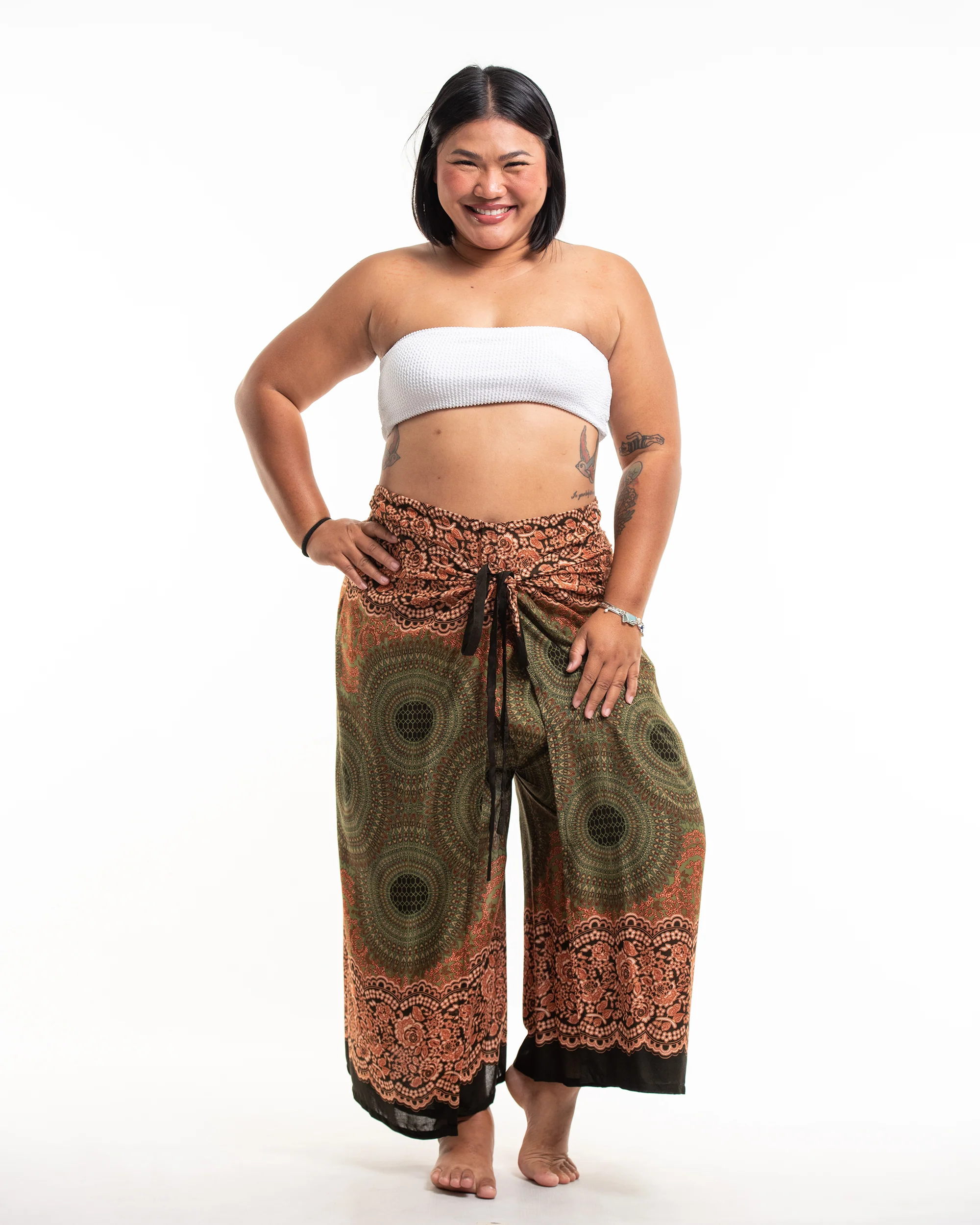 Plus Size Geometric Mandalas Wrap Palazzo Style Harem Pants in Olive - Image 5