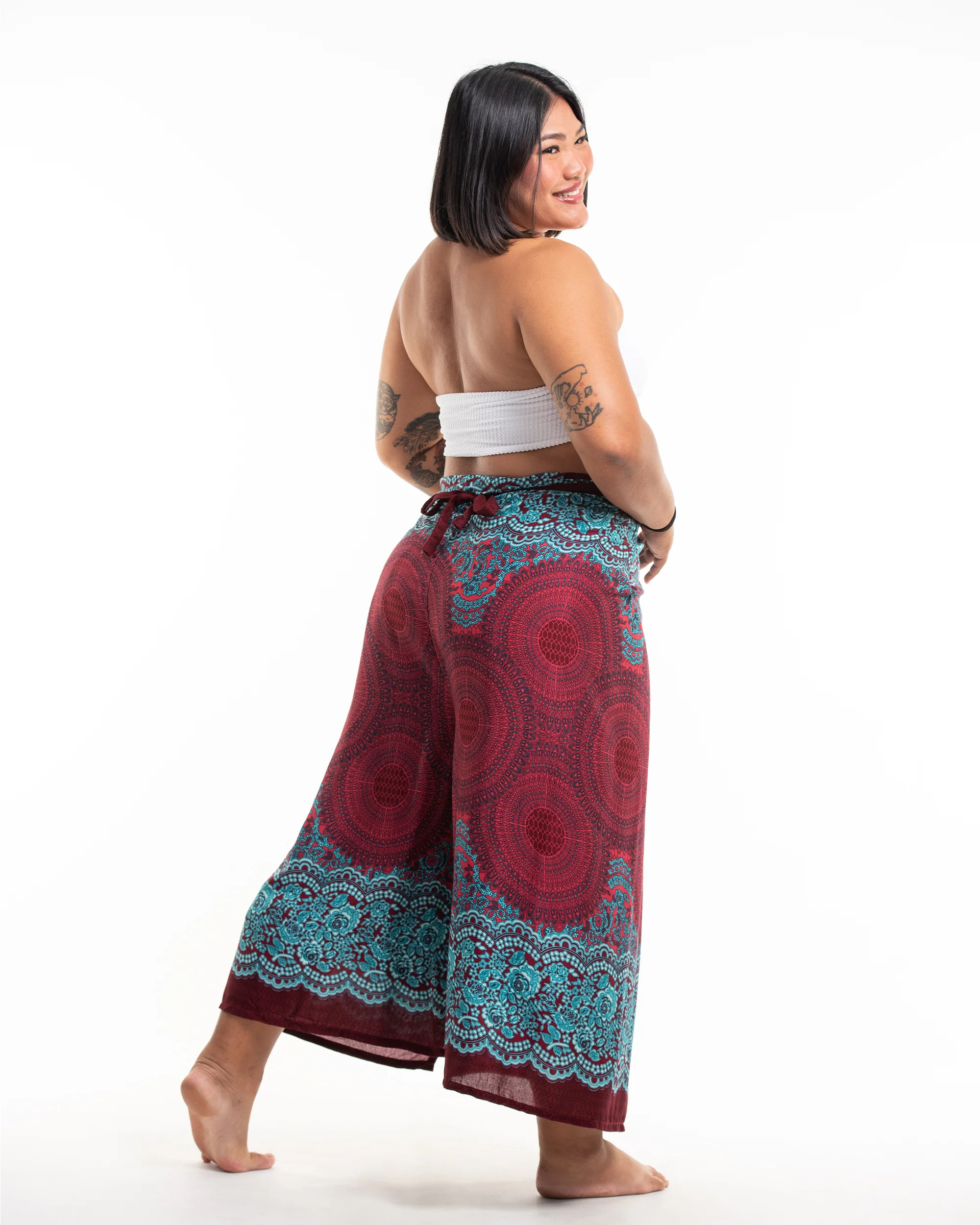 Plus Size Geometric Mandalas Wrap Palazzo Style Harem Pants in Red - Image 3