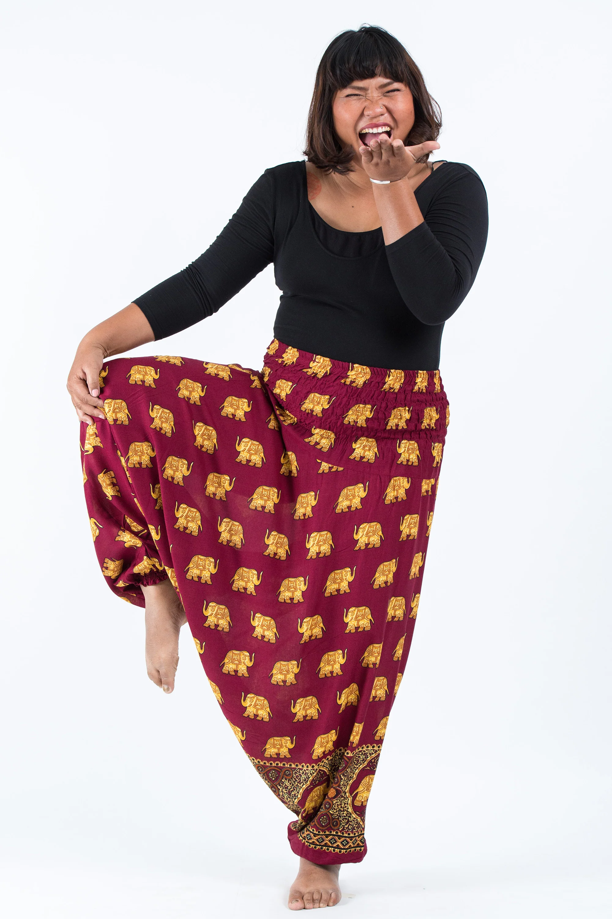 Plus Size Golden Elephant 2-in-1 Jumpsuit Elephant Pants in Maroon - Image 5