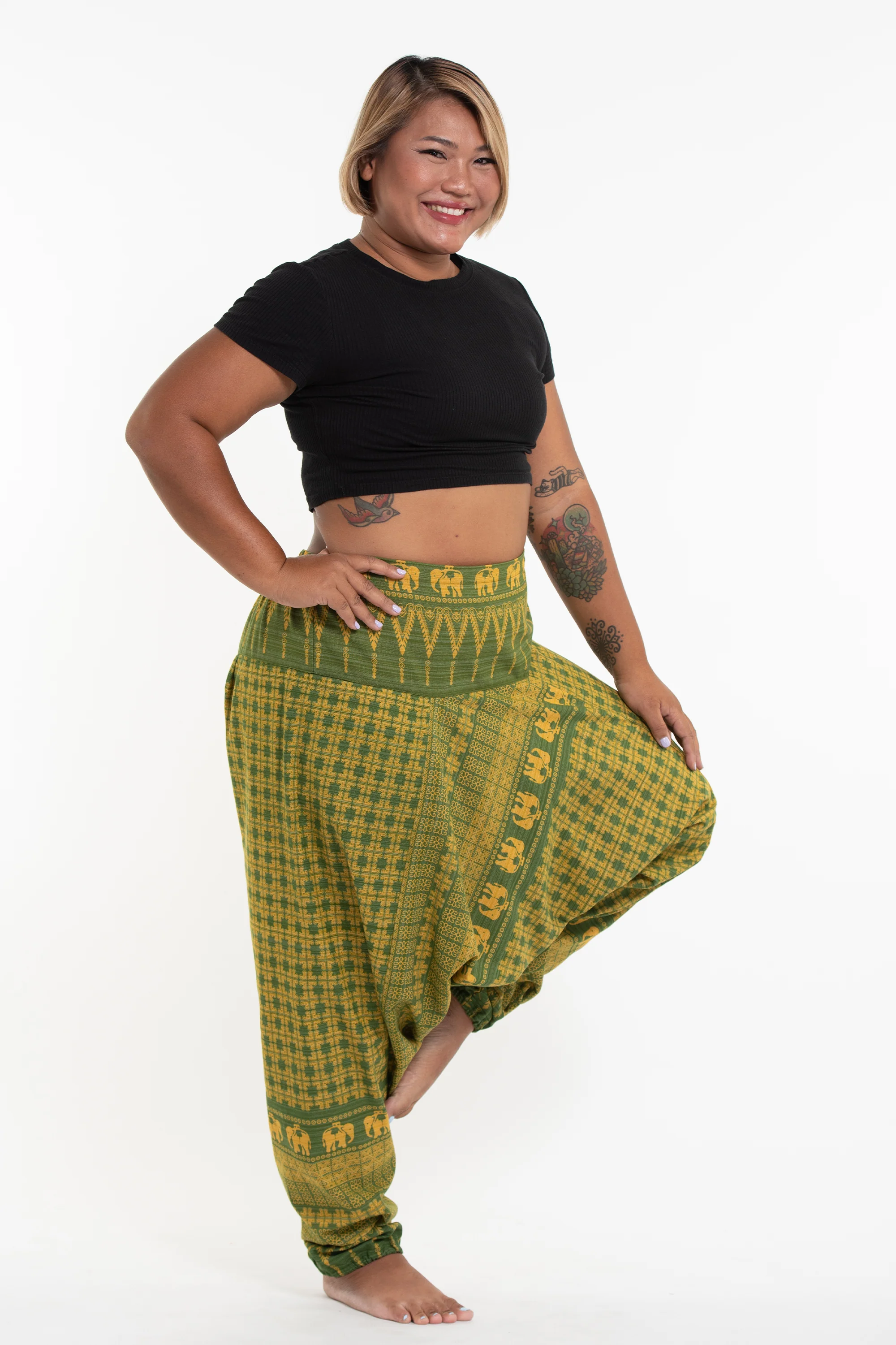 Plus Size Hill Tribe Elephant Women's Elephant Pants in Green - Image 3
