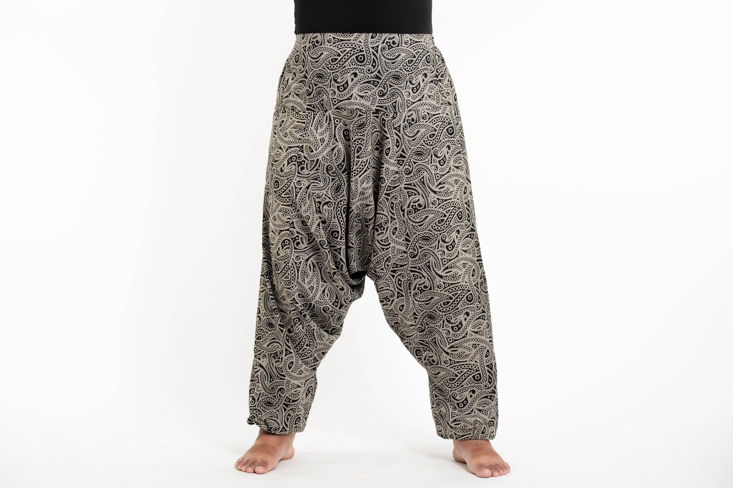Plus Size Hill Tribe Paisley Print Men's Harem Pants in Black - Image 2