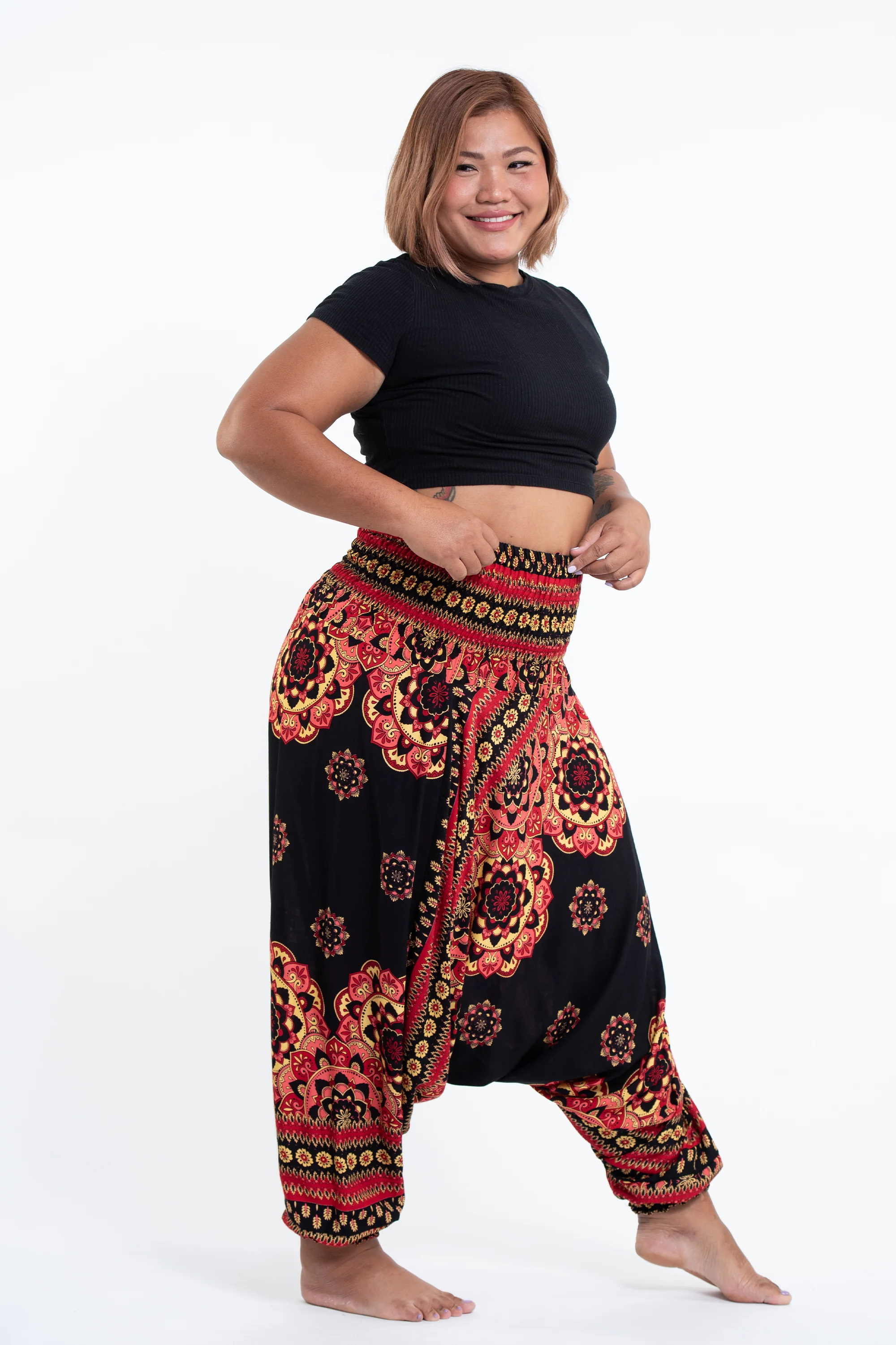 Plus Size Lotus Mandalas 2-in-1 Jumpsuit Harem Pants in Black - Image 3