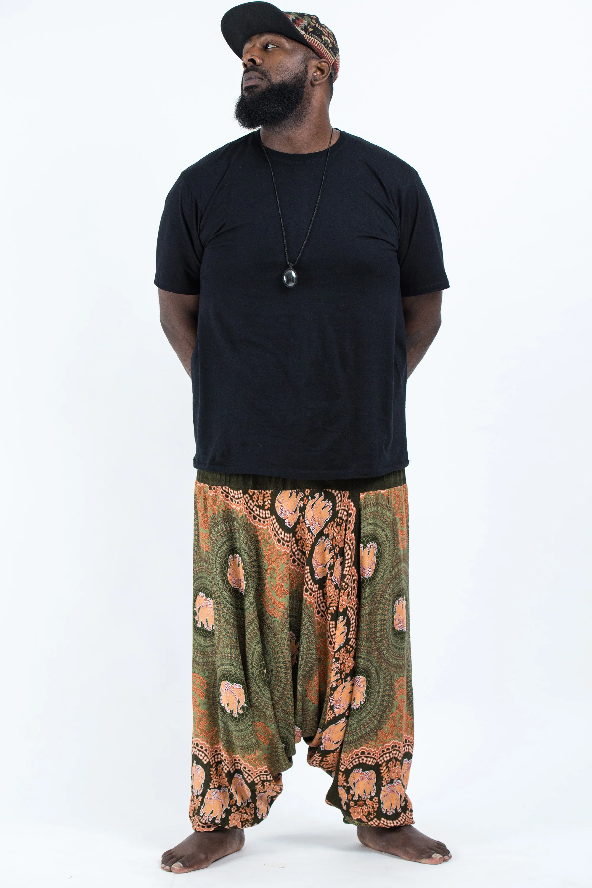 Plus Size Mandala Elephant Drop Crotch Men's Elephant Pants in Olive - Image 4