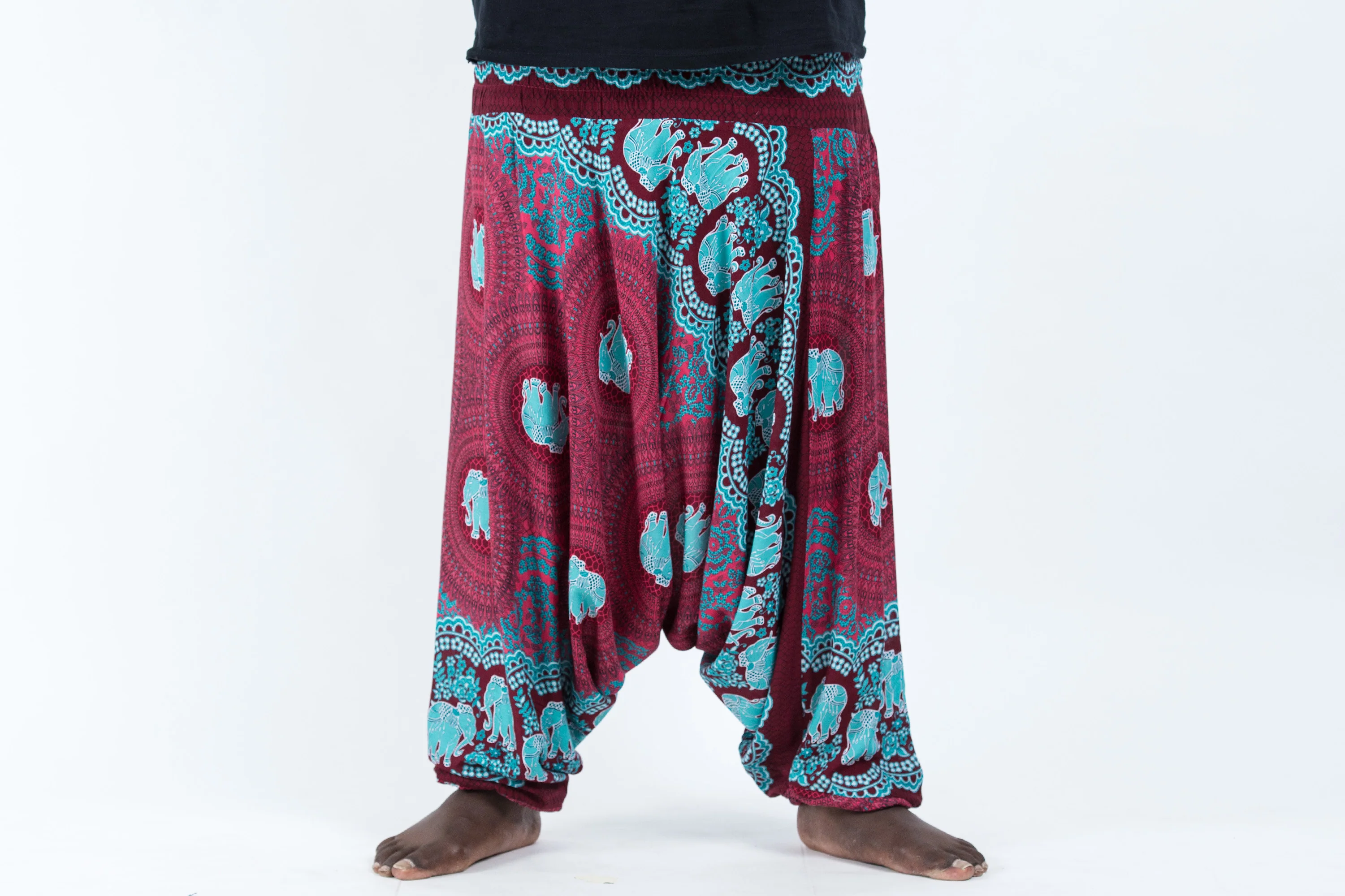 Plus Size Mandala Elephant Drop Crotch Men's Elephant Pants in Red - Image 2