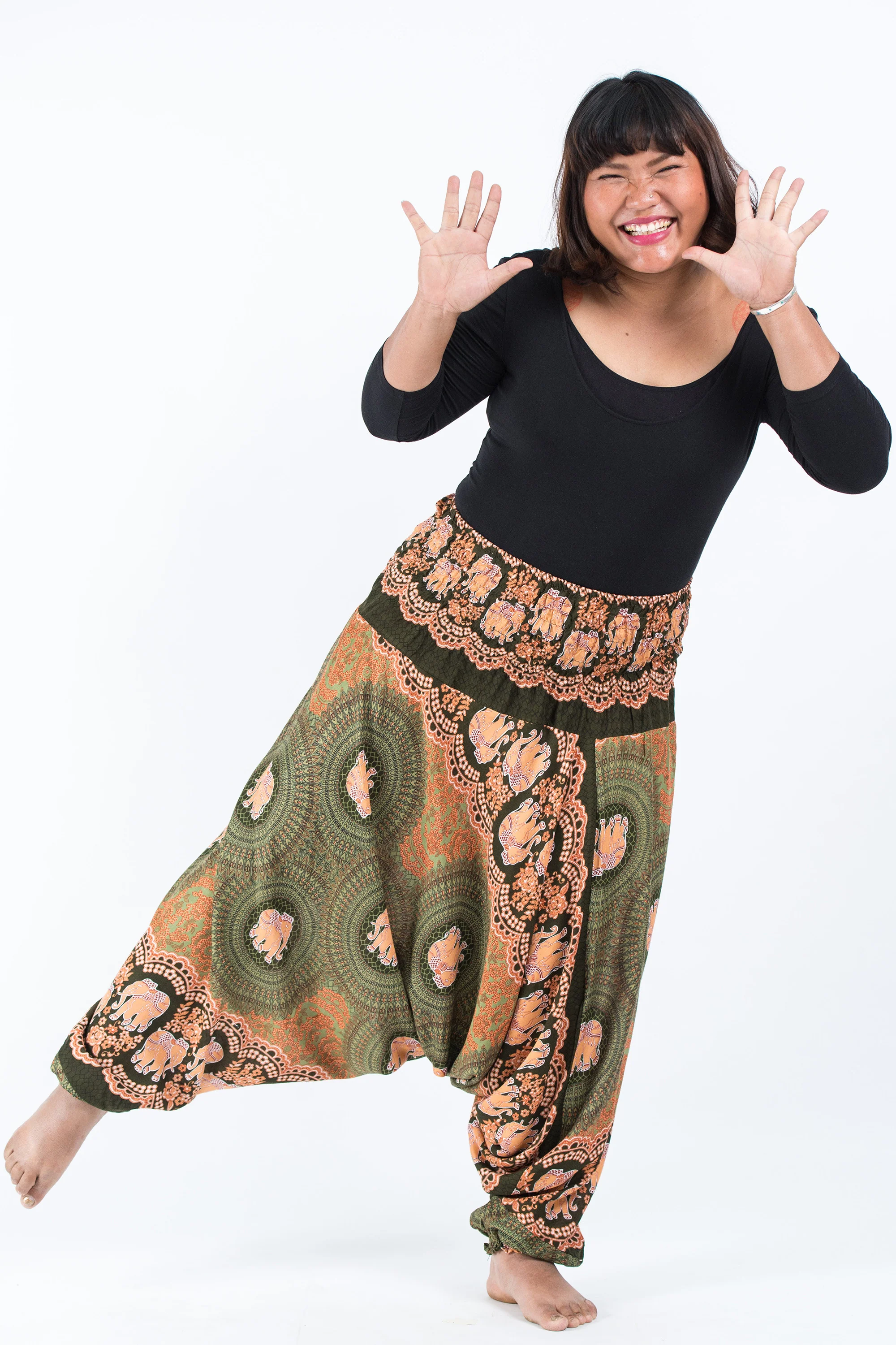 Plus Size Mandala Elephant 2-in-1 Jumpsuit Elephant Pants in Olive - Image 5