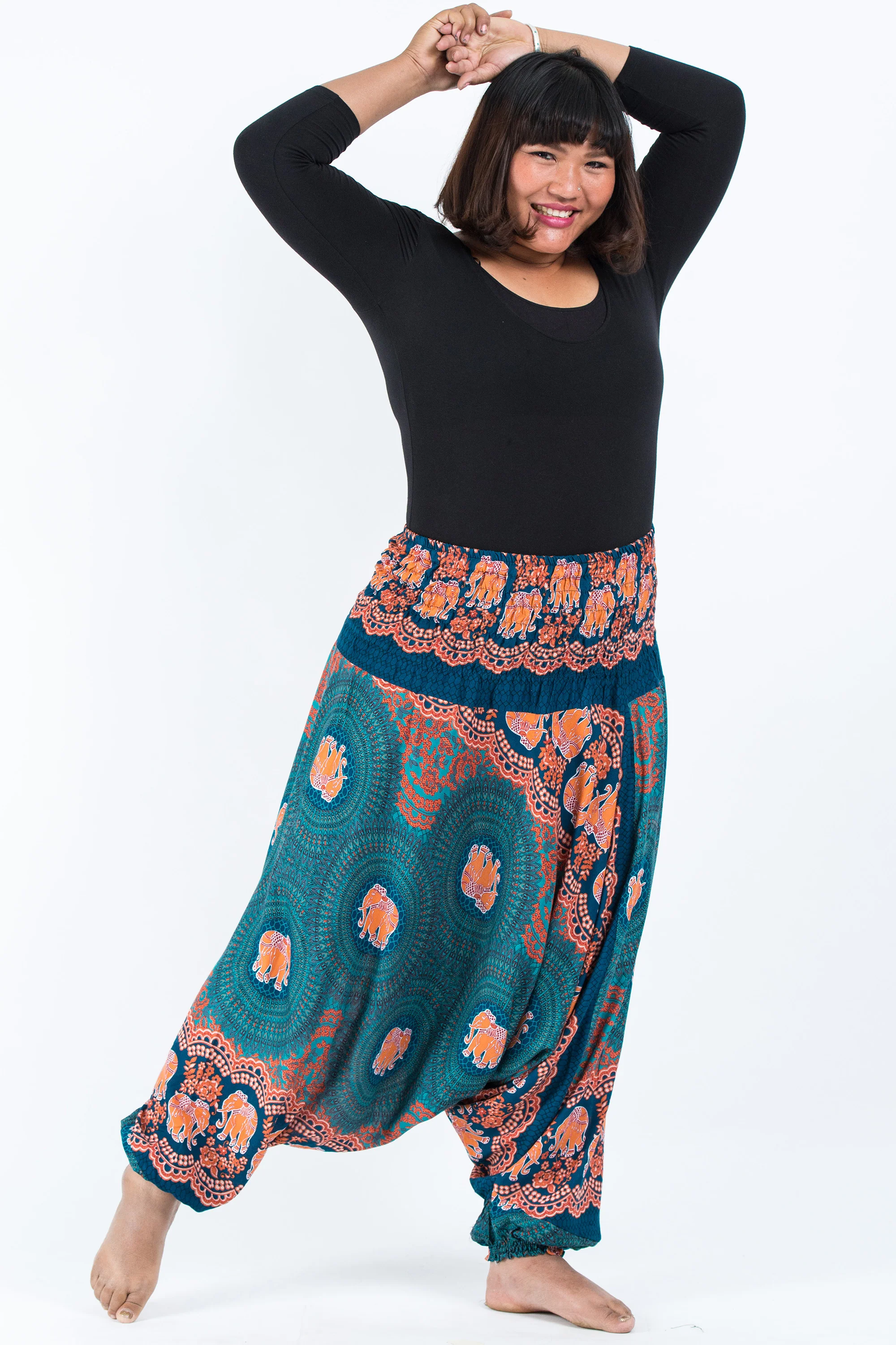 Plus Size Mandala Elephant 2-in-1 Jumpsuit Elephant Pants in Turquoise - Image 3