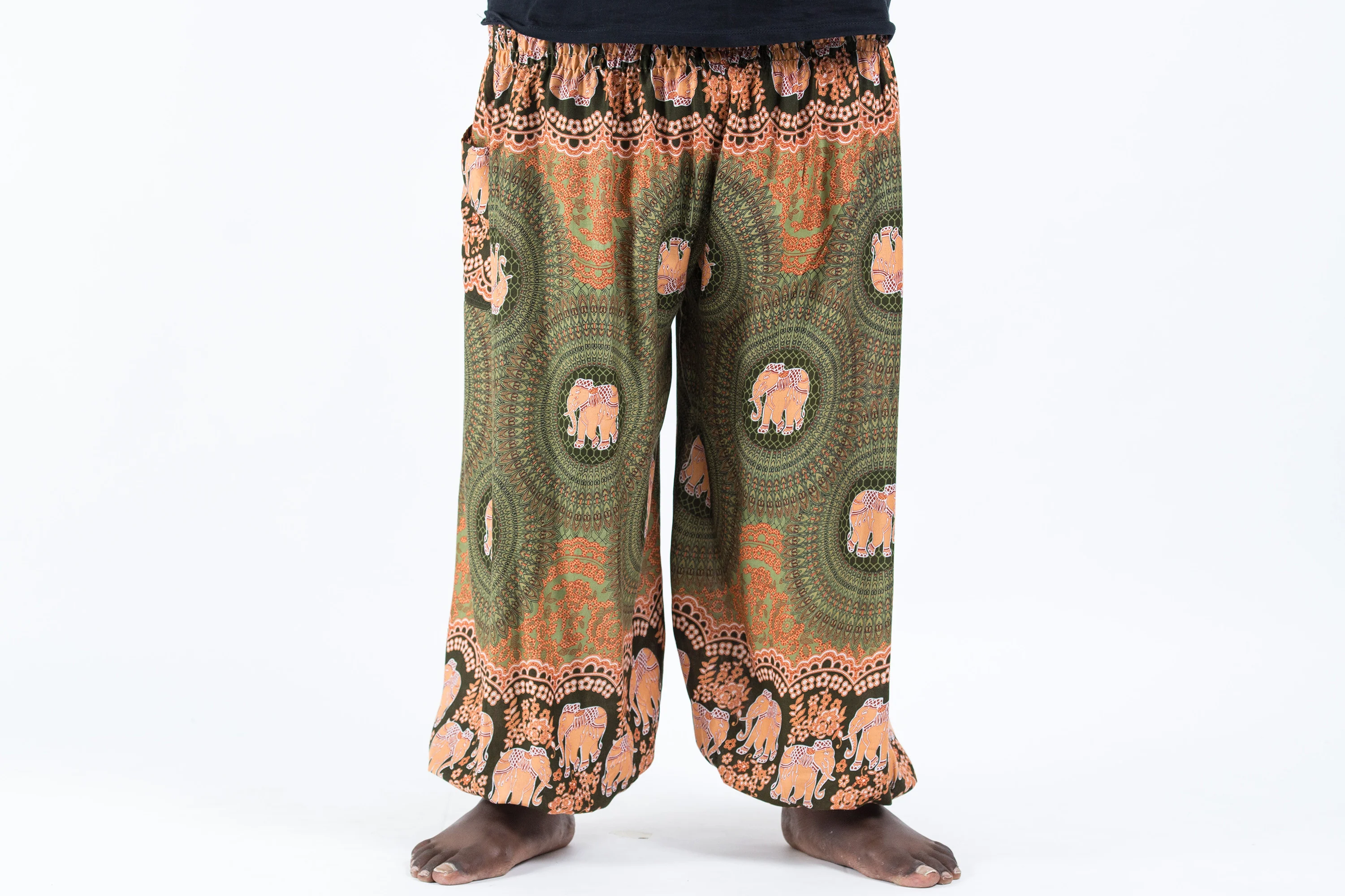 Plus Size Mandala Elephant Men's Elephant Pants in Olive - Image 2