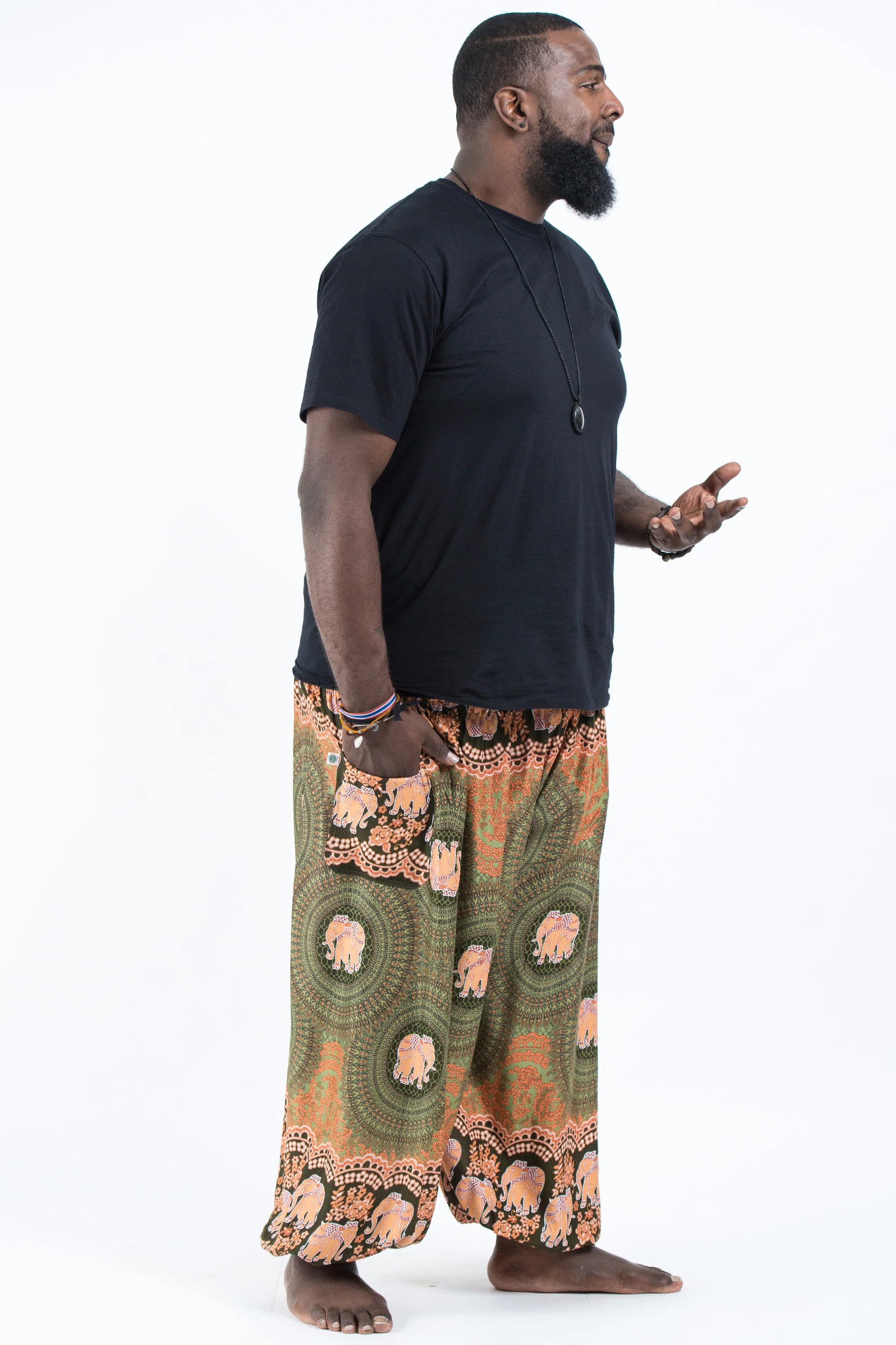 Plus Size Mandala Elephant Men's Elephant Pants in Olive - Image 3