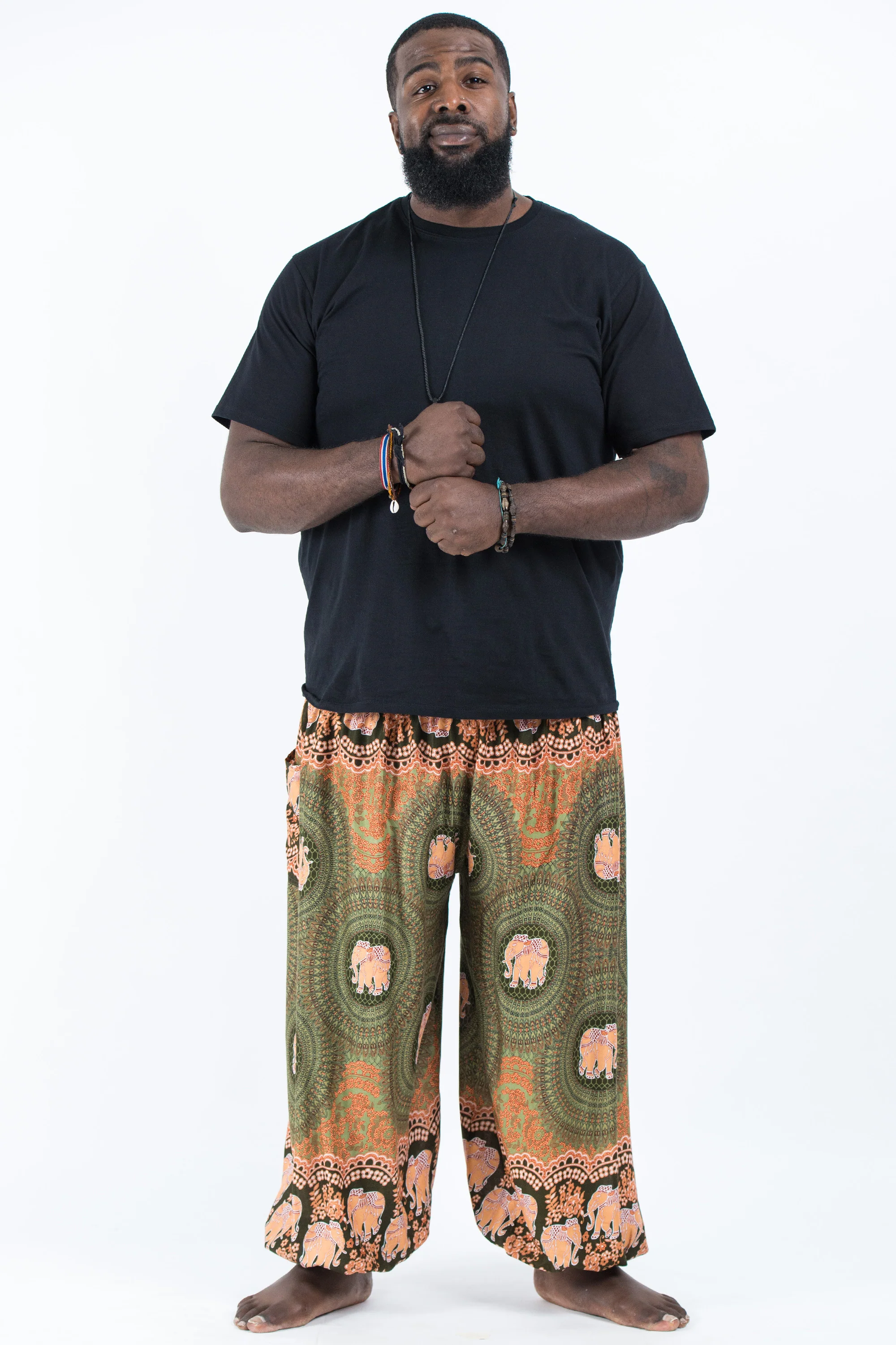 Plus Size Mandala Elephant Men's Elephant Pants in Olive - Image 4