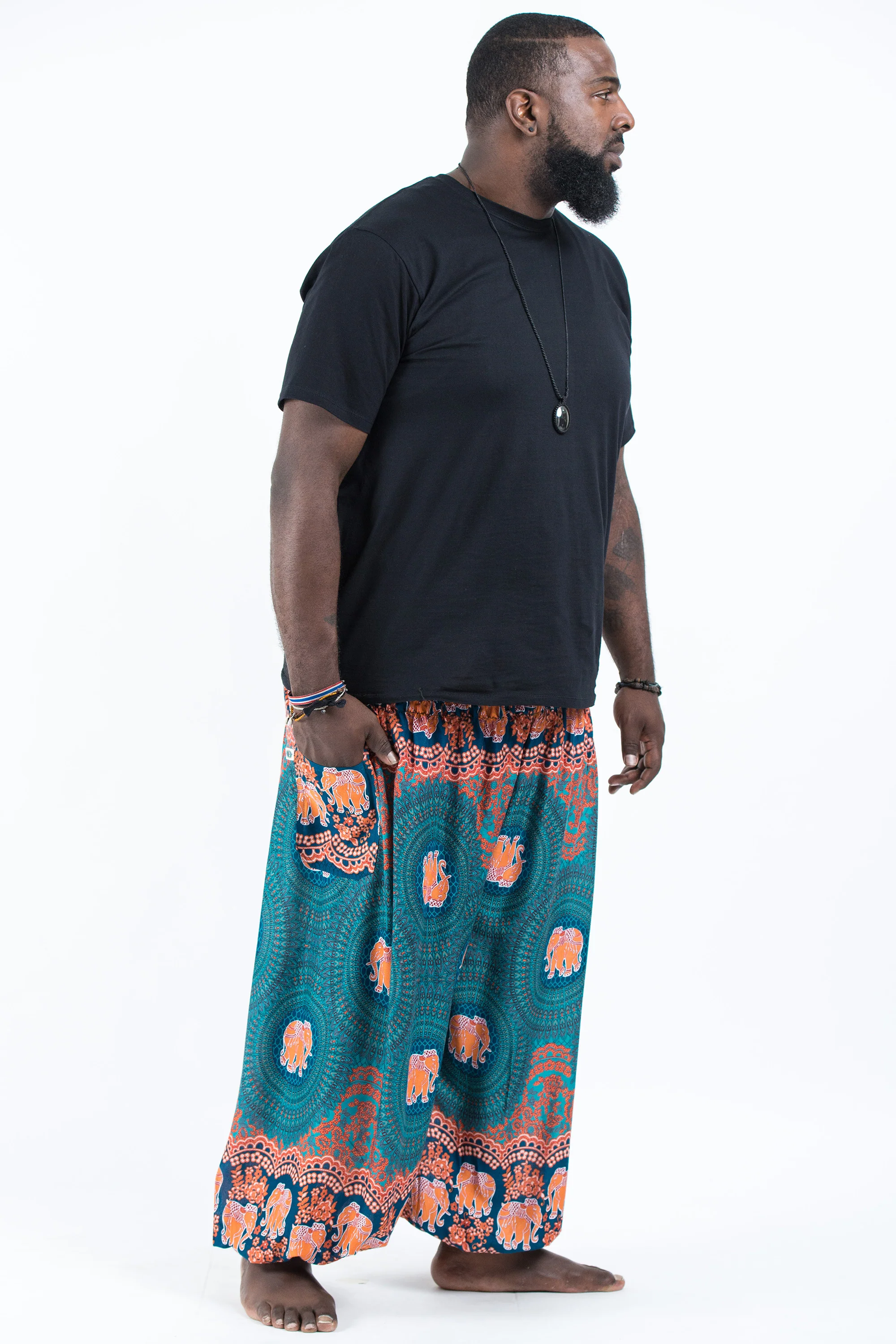 Plus Size Mandala Elephant Men's Elephant Pants in Turquoise - Image 3