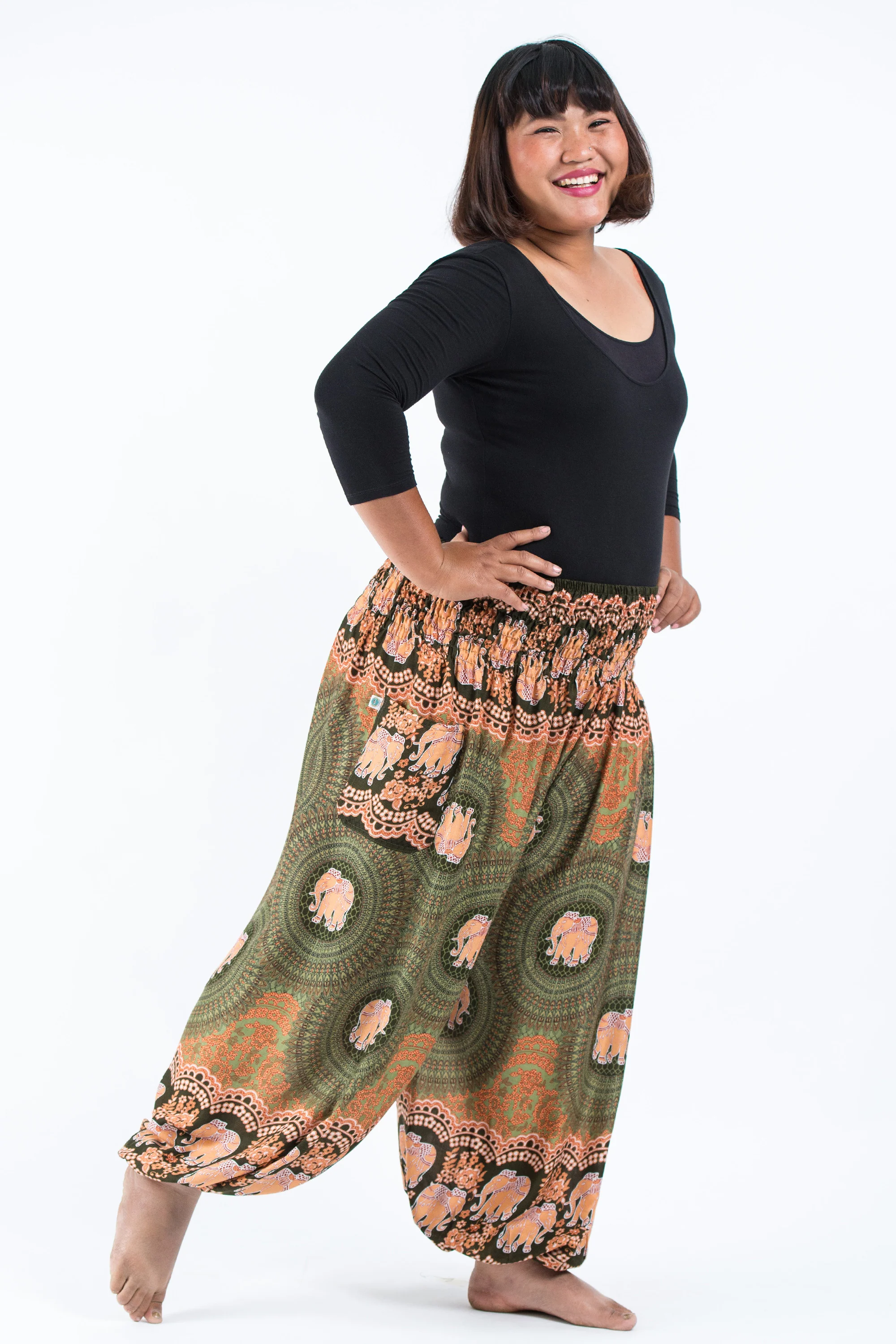 Plus Size Mandala Elephant Women's Elephant Pants in Olive - Image 3