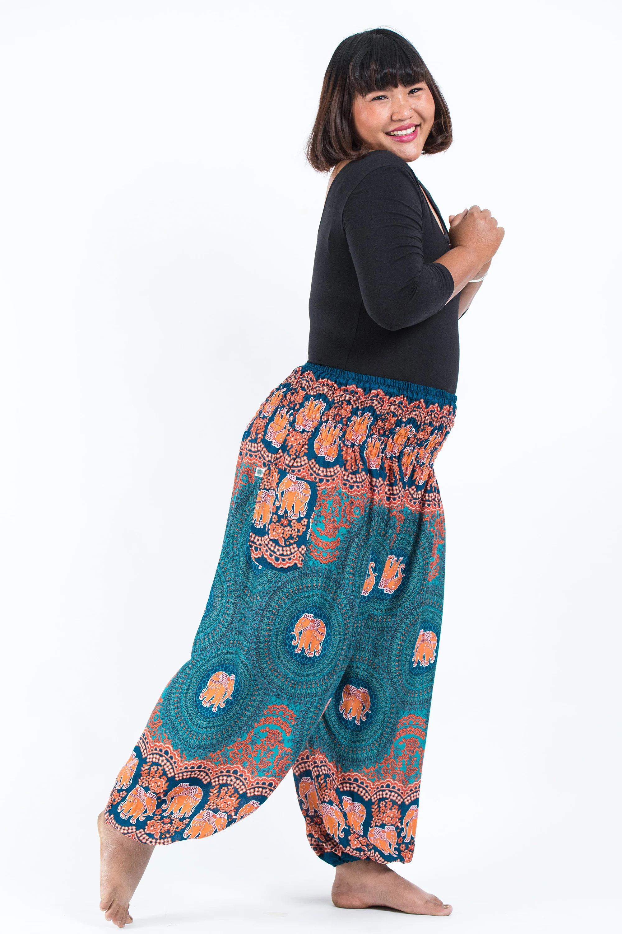Plus Size Mandala Elephant Women's Elephant Pants in Turquoise - Image 3
