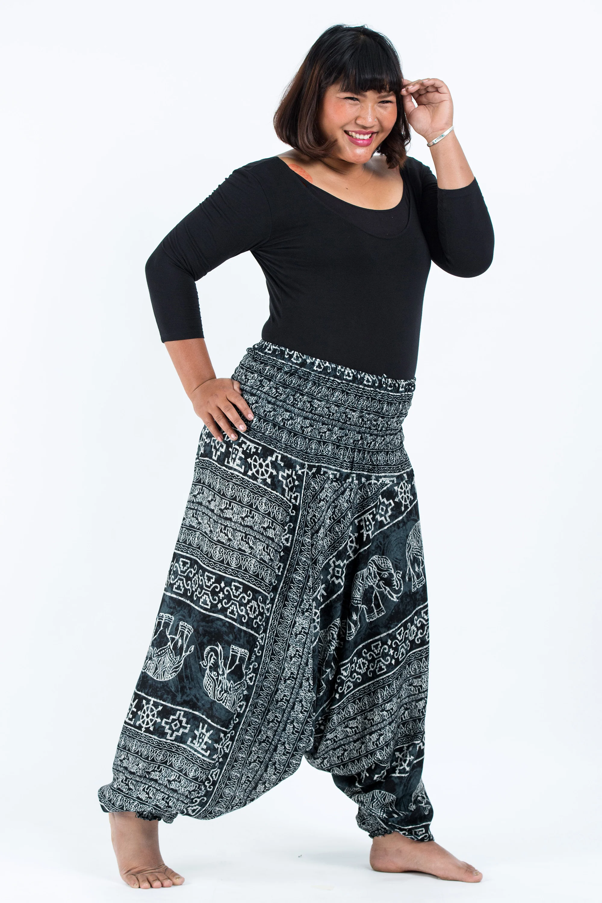 Plus Size Marble Elephant 2-in-1 Jumpsuit Elephant Pants in Black - Image 3