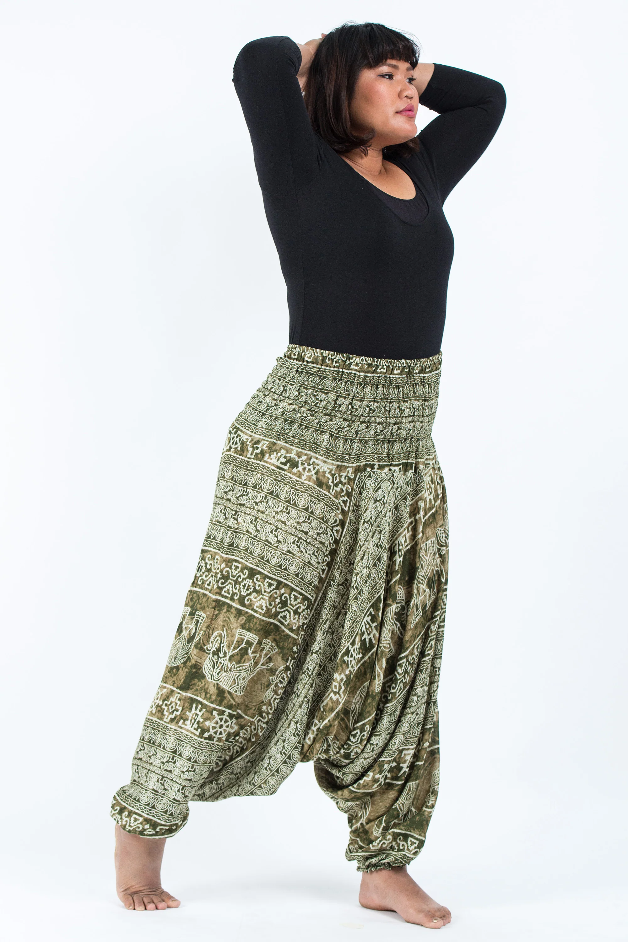 Plus Size Marble Elephant 2-in-1 Jumpsuit Elephant Pants in Olive - Image 3