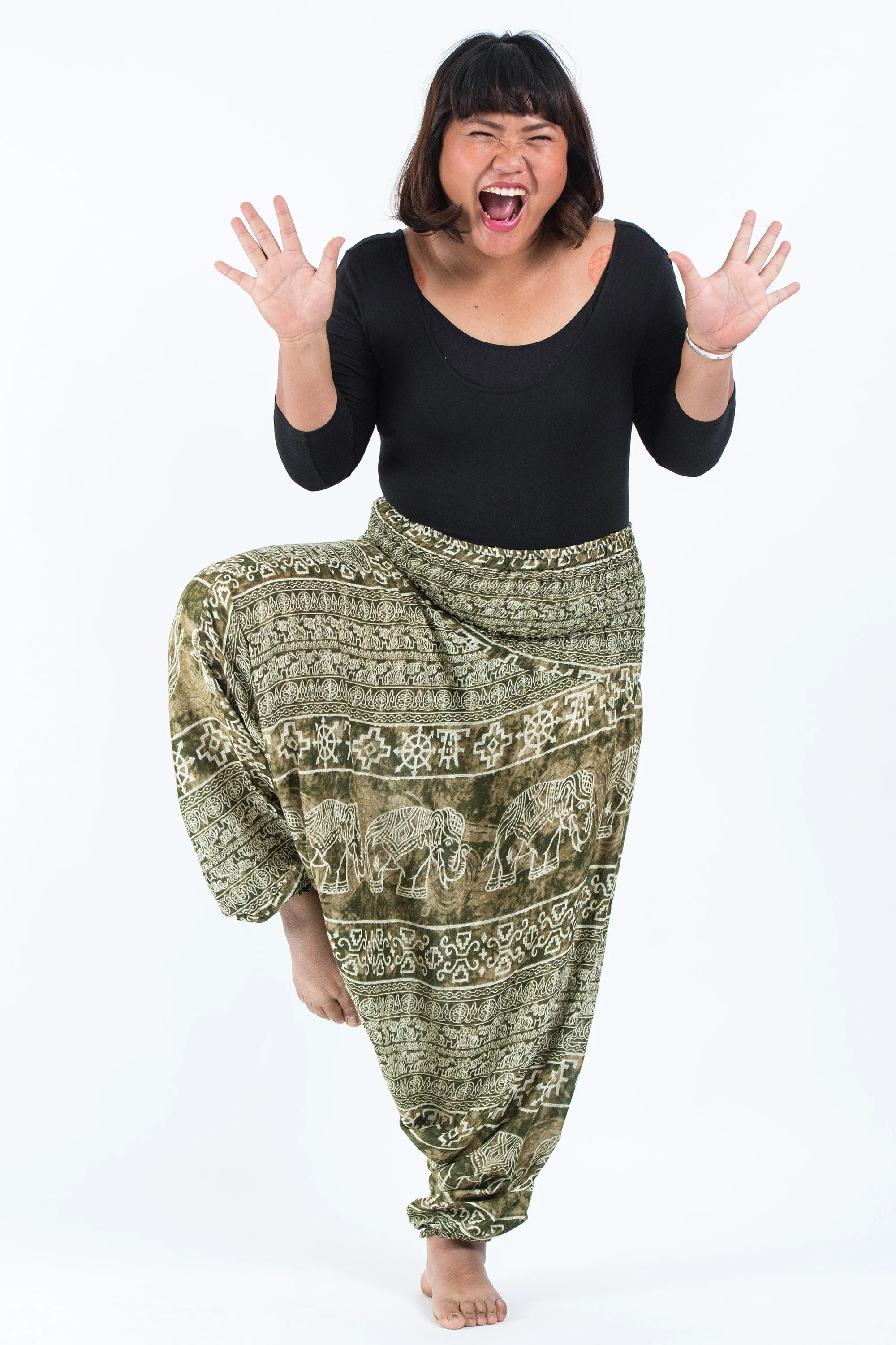 Plus Size Marble Elephant 2-in-1 Jumpsuit Elephant Pants in Olive - Image 5