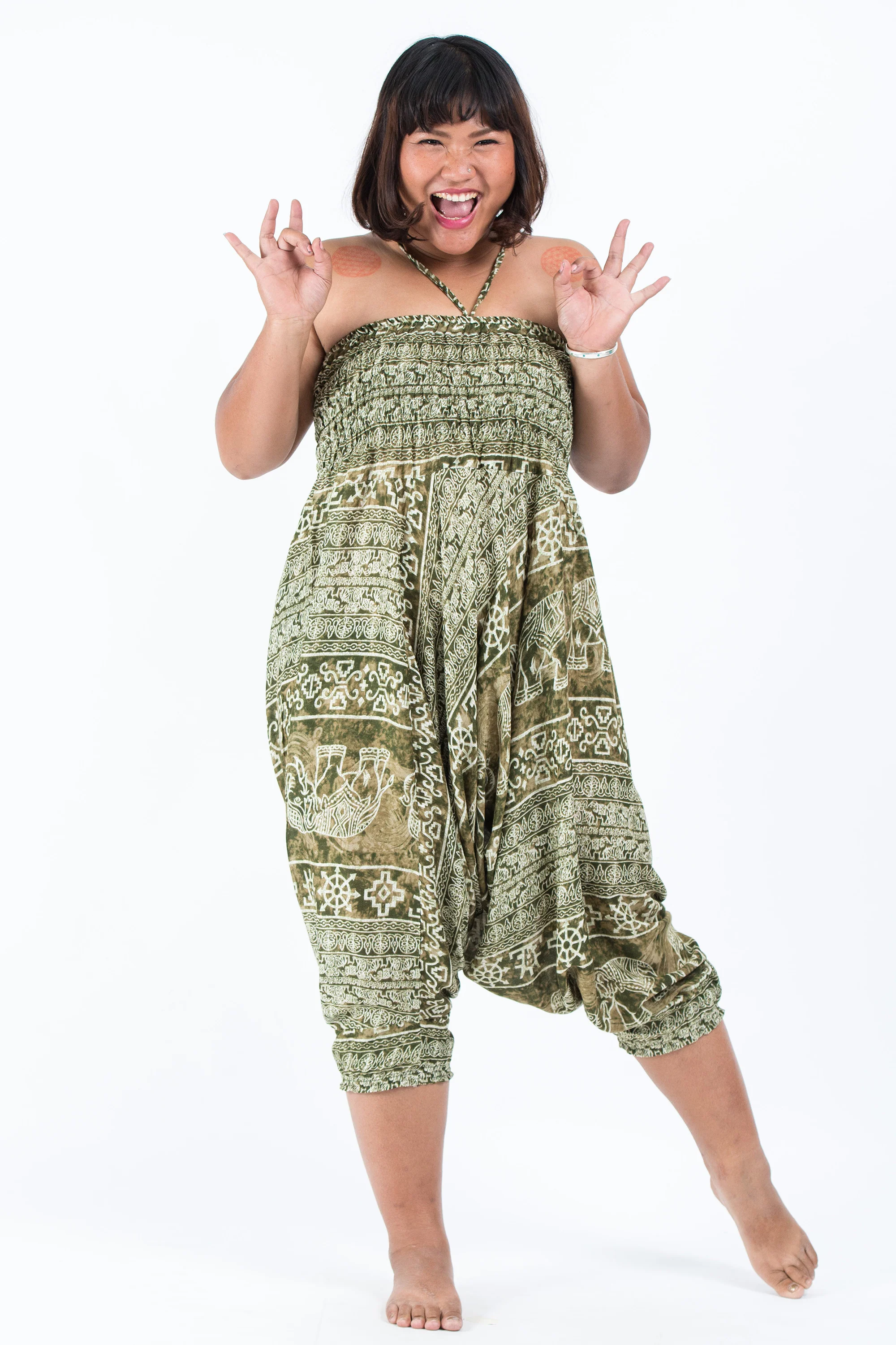Plus Size Marble Elephant 2-in-1 Jumpsuit Elephant Pants in Olive - Image 6
